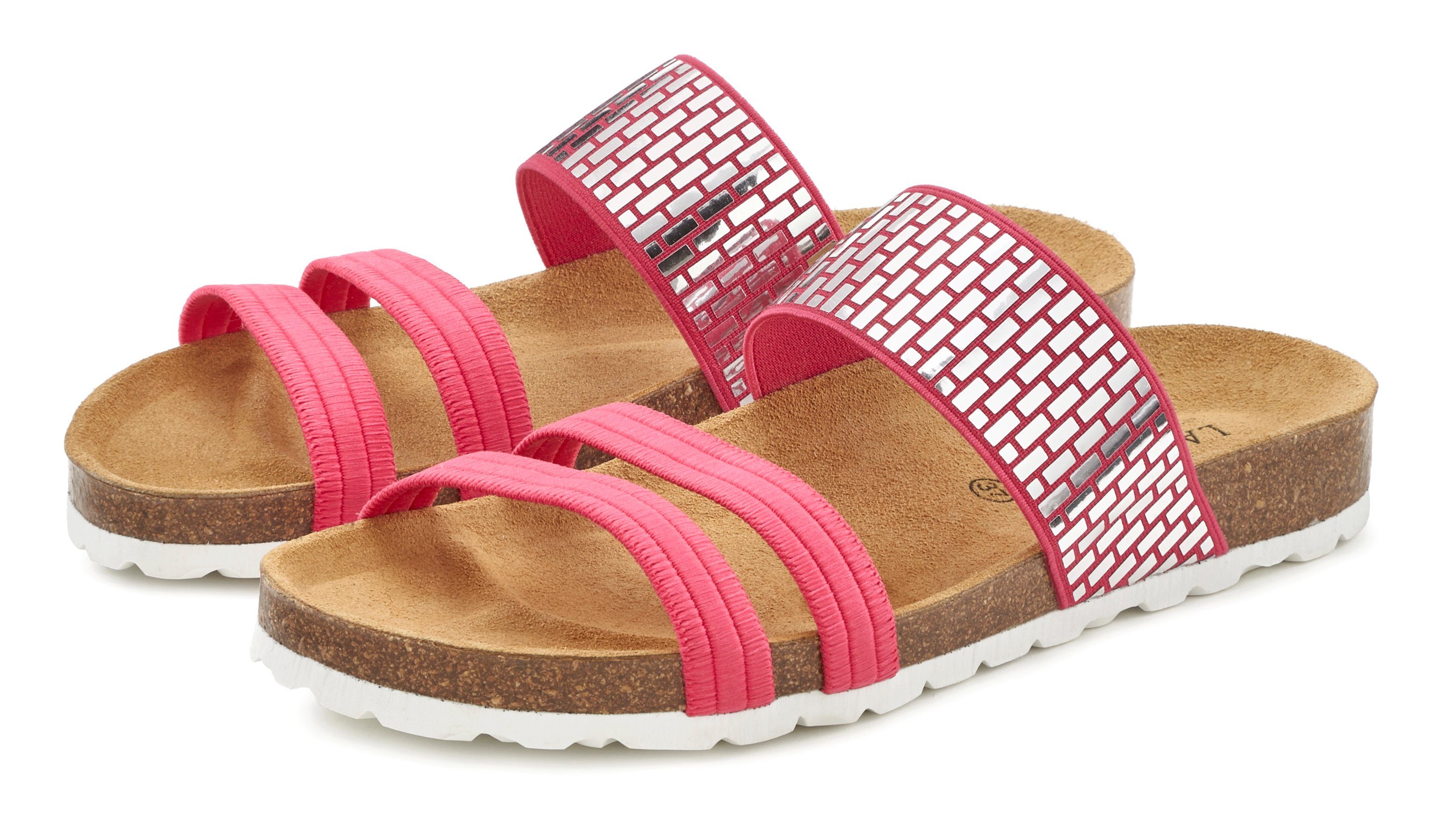 LASCANA Mule, Sandale, offener Schuh, Sommerschuh, Pantolette mit Komfortkorkfußbett aus Leder und elastischen Riemchen