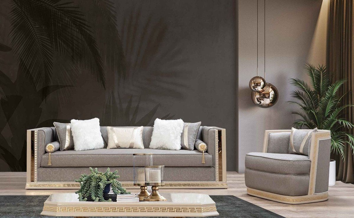 Casa Padrino Sofa Luxus Art Möbel Deco Gold Sofa - Handgefertigtes / Silber Wohnzimmer - / Deco Sofa Cremefarben Wohnzimmer Art