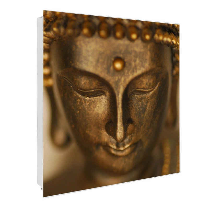 banjado Schlüsselkasten Glas Buddha Gold (Stahl Gehäuse, mit 50 Haken), 30 x 30 x 5 cm