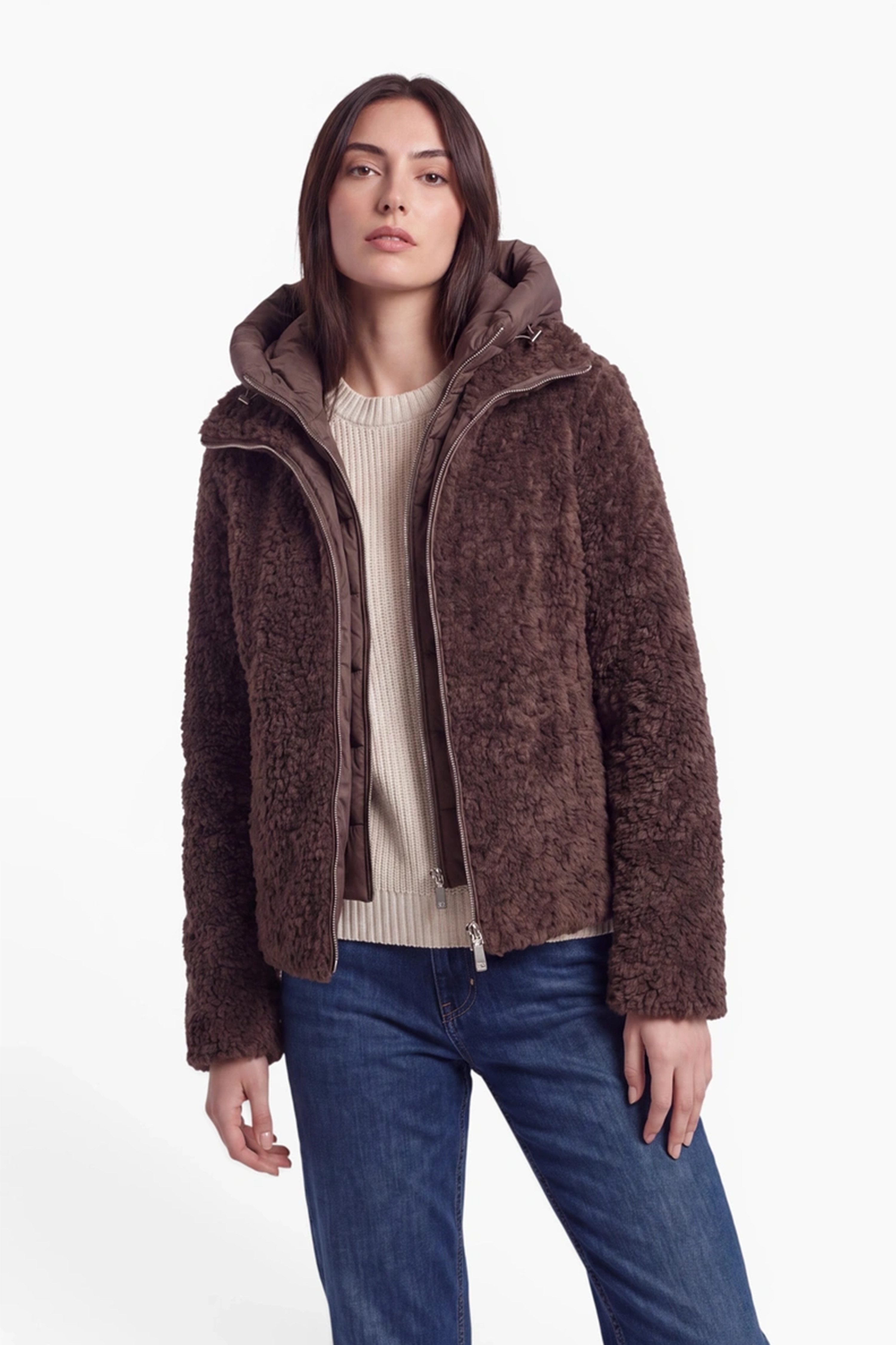 FUNK since 1776 Fellimitatjacke Jacke im Shearling-Style mit abnehmbaren Steppkapuzeneinsatz