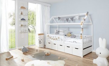 Ticaa Hausbett Hausbett "Traumhaus" mit 5er Schubkästen Kiefer (Set, Hausbett inkl. 5er Schubkästen), Hausbett inkl. 5er Schubkästen