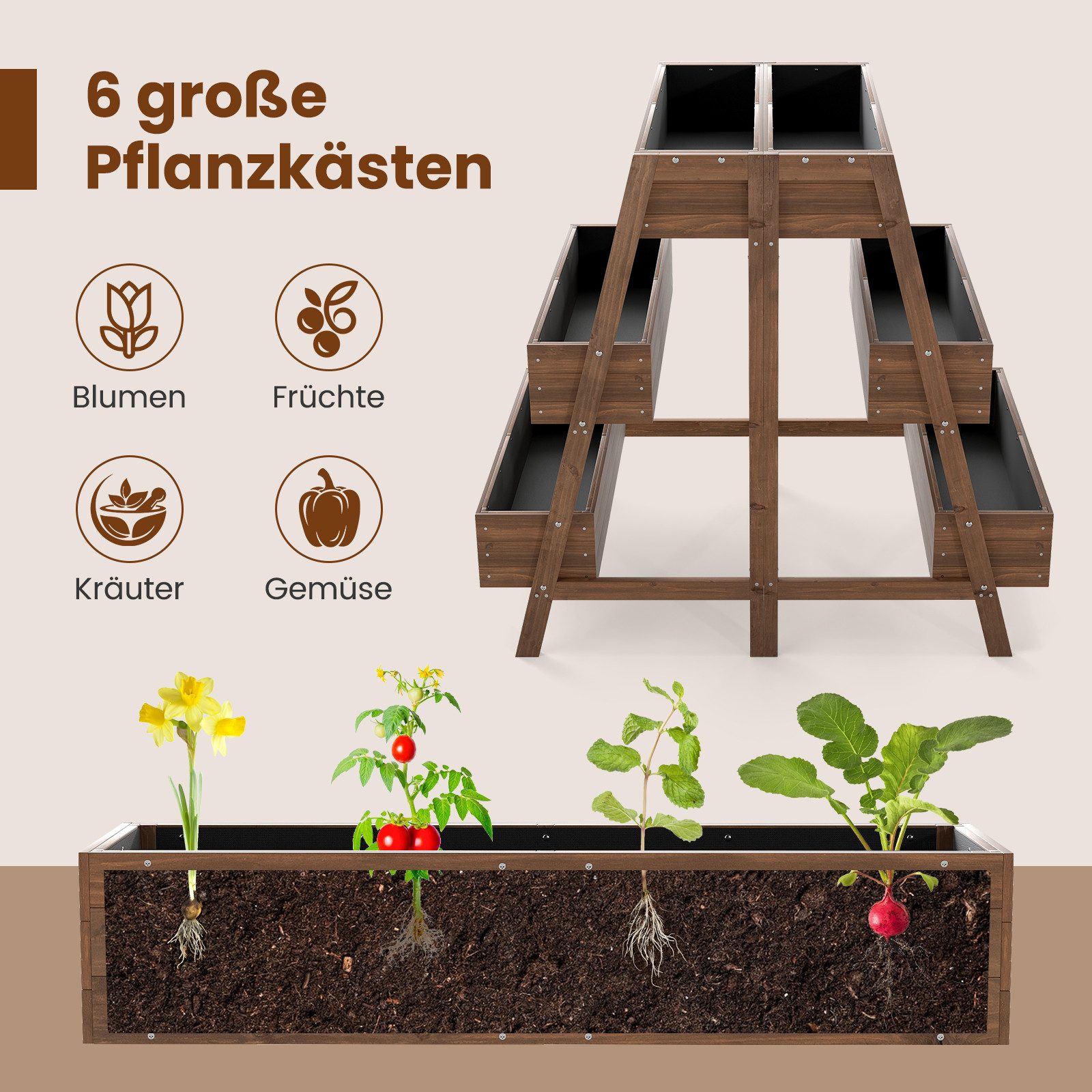 COSTWAY Blumenkasten (1 St), Hochbeet, Blumenbeet mit 6 Pflanzkästen, mehrstufig