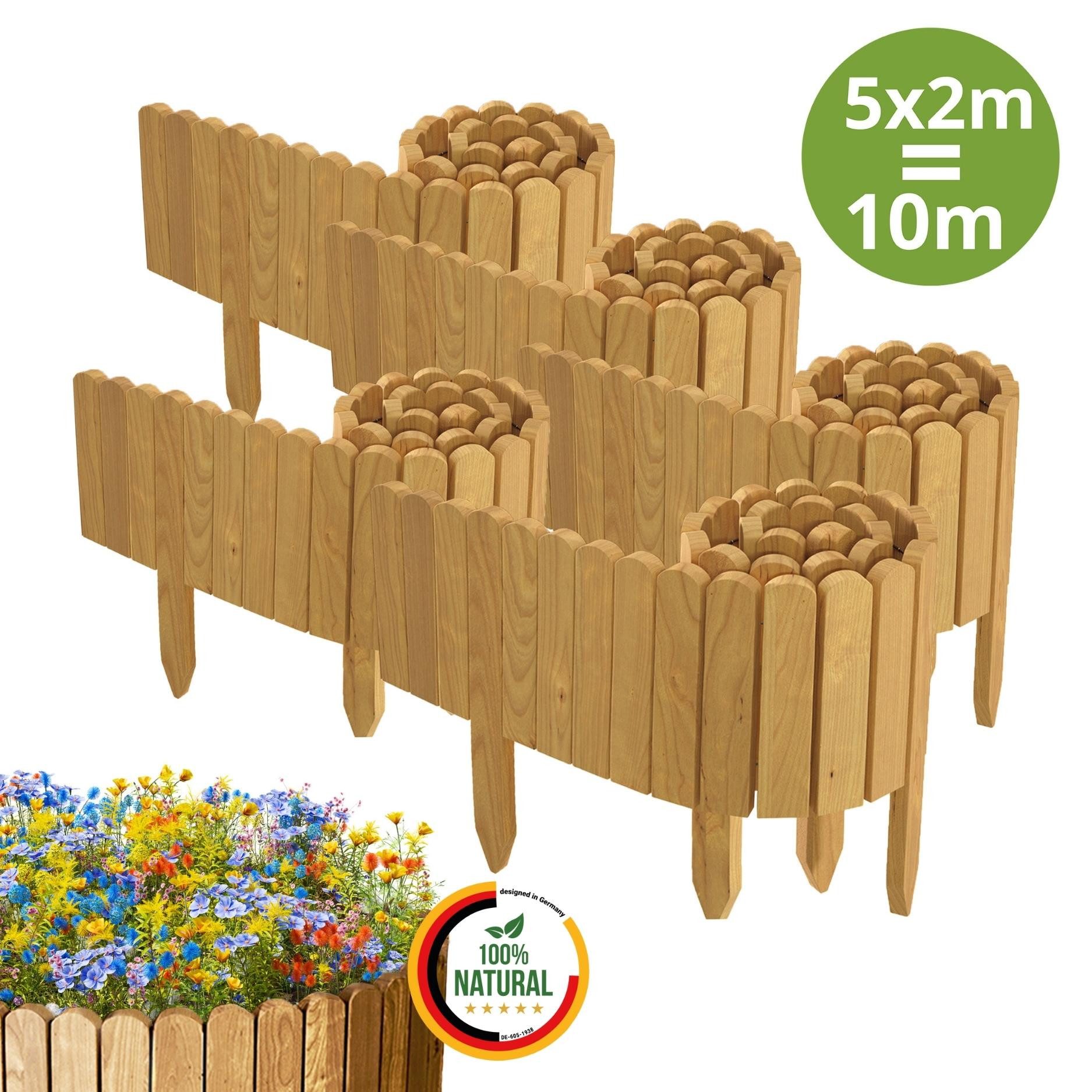 Floranica Palisade Beeteinfassung Beetumrandung Flexibler Holzzaun Rasenkante Steckzaun, LxH: 200x20 cm, 5 Stk., Natur, Rasenkante Dekozaun Umzäunung für Blumenbeete Teich Wege o Spielplatz