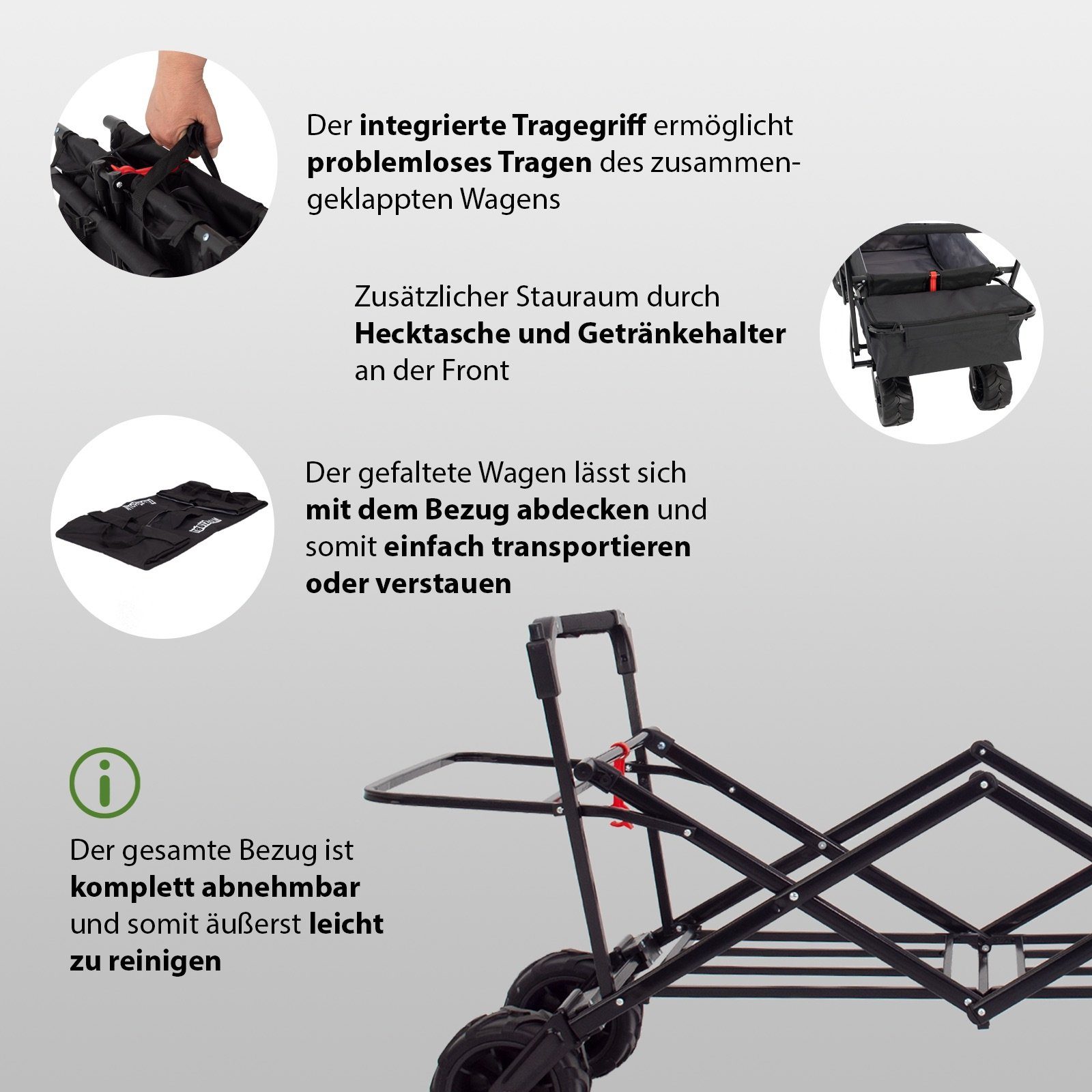 TRUTZHOLM Bollerwagen faltbar mit Sonnendach Breitreifen Schwarz,innen grau Falt-Bollerwagen