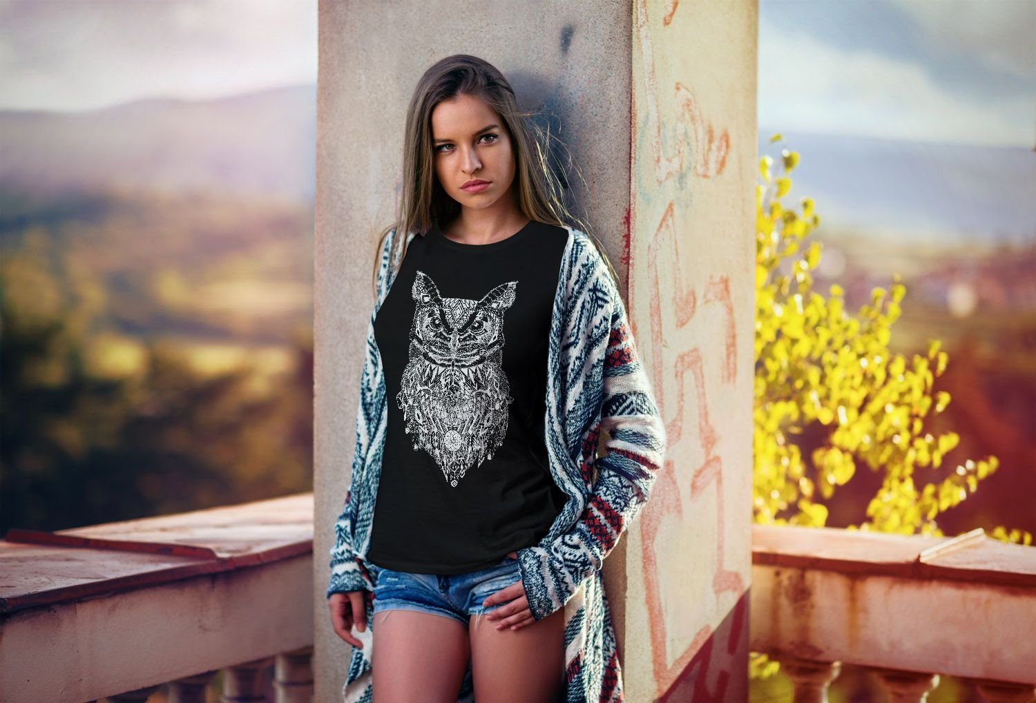 Neverless Print-Shirt Damen T-Shirt Eule Atzekenmuster günstig online kaufen