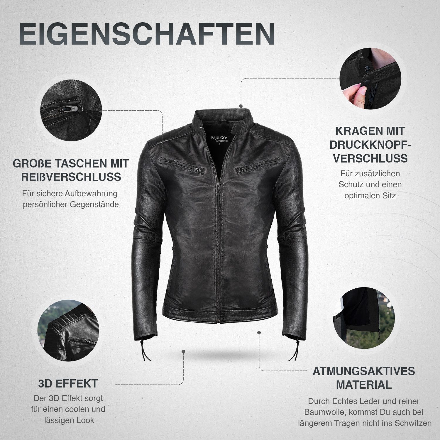 PAULGOS Lederjacke Herren Jacke Übergangsjacke Biker Look 100% Echtleder D2 günstig online kaufen