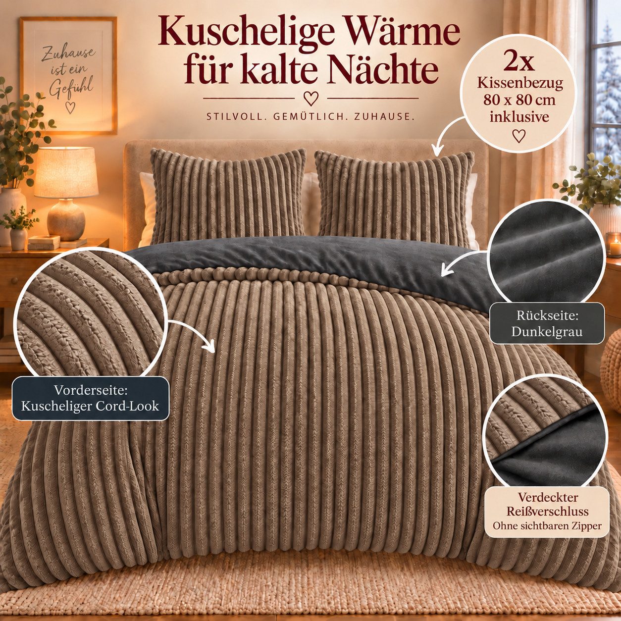 Leonado Vicenti Bettwäsche Teddyplüsch Cord Optik, Fleece, 3 teilig, extra warm und kuschelig, Winterbettwäsche Cashmere Touch – Bild 2 von 5