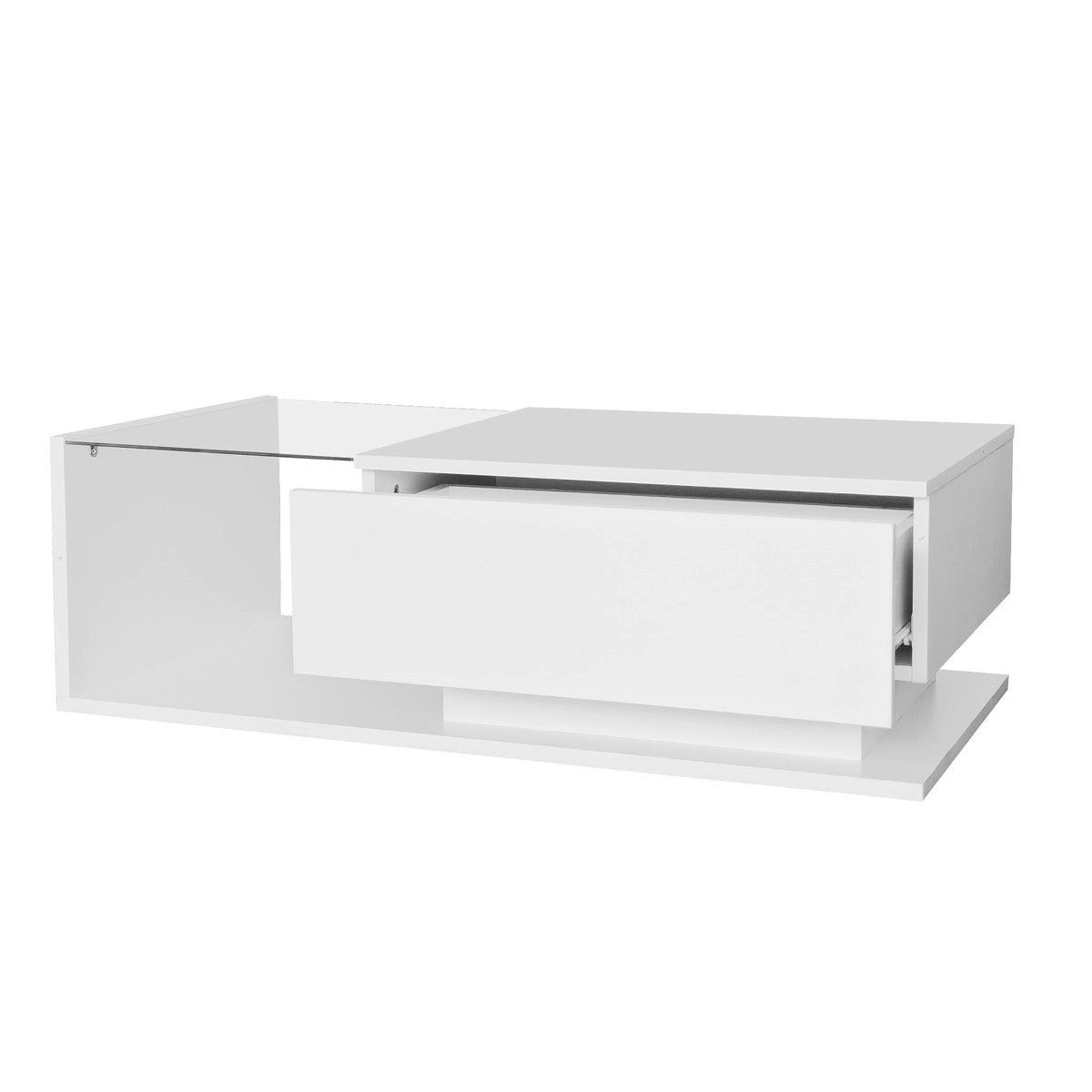 SSY Couchtisch Couchtisch, 100x50x32 cm, in Weiss, aus Holzwerkstoff (Einzeltisch, 1-St., Einzelartikel), LED-Beleuchtung, Schubladen, Glasplatte