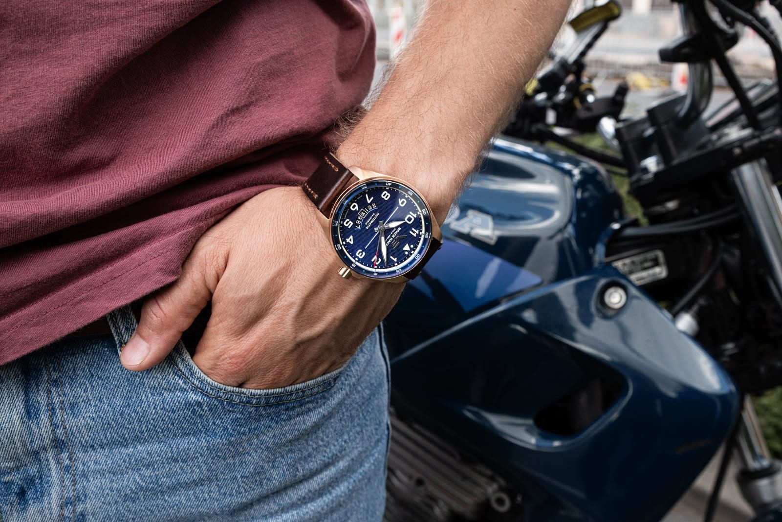 Vostok Europe Automatikuhr Space Race, Braun-Blau, Edelstahlgehäuse, Lederarmband, 325B746-L, 47 mm, bis 20 ATM wasserdicht