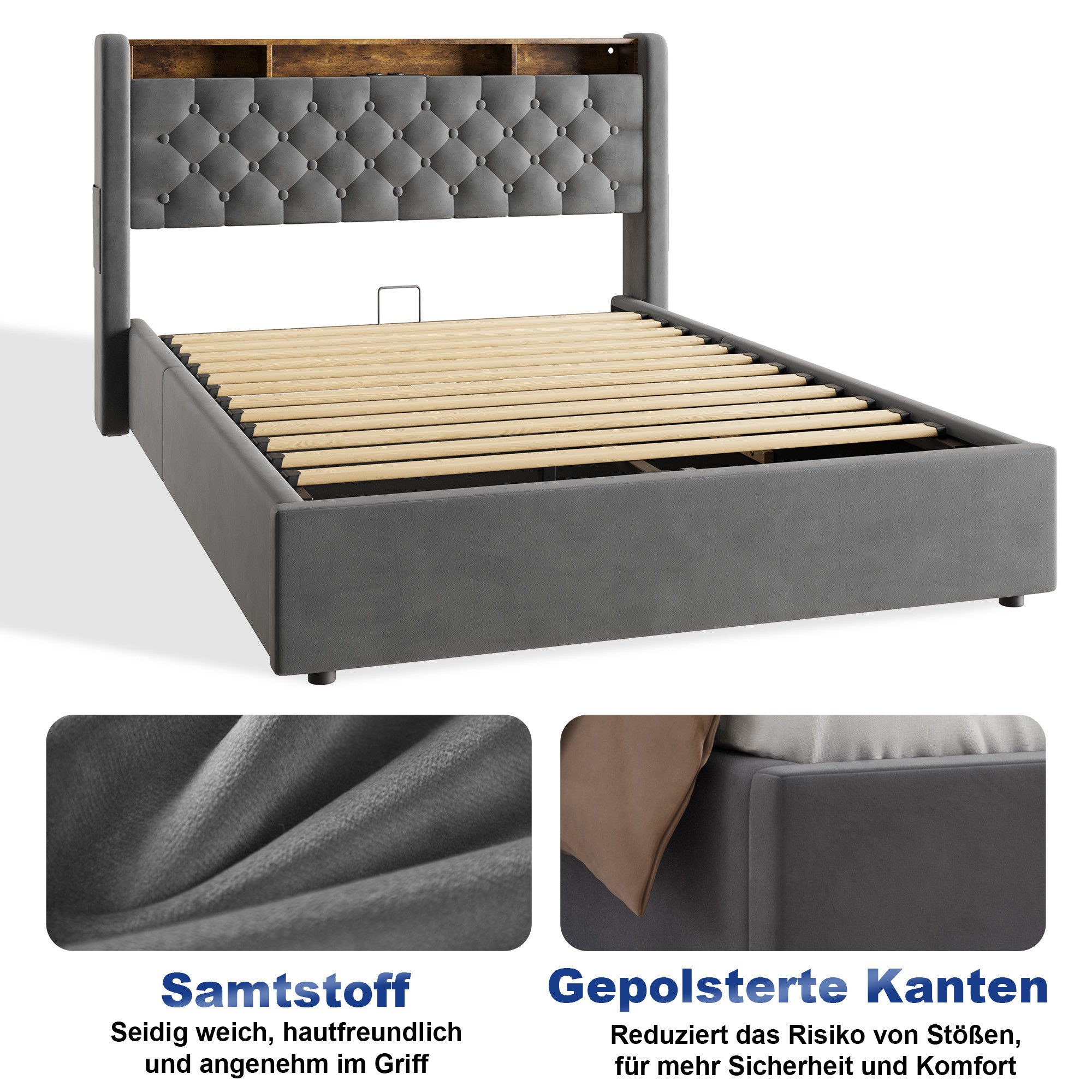 HAUSS SPOLE Polsterbett Stauraumbett Boxspringbett Jugendbett mit Bettkasten & Kopfteil (160×200 Doppelbett Kinderbett mit Stauraum und klappbarem Kopfteil), Bettrahmen ohne Matratze für den täglichen Komfort