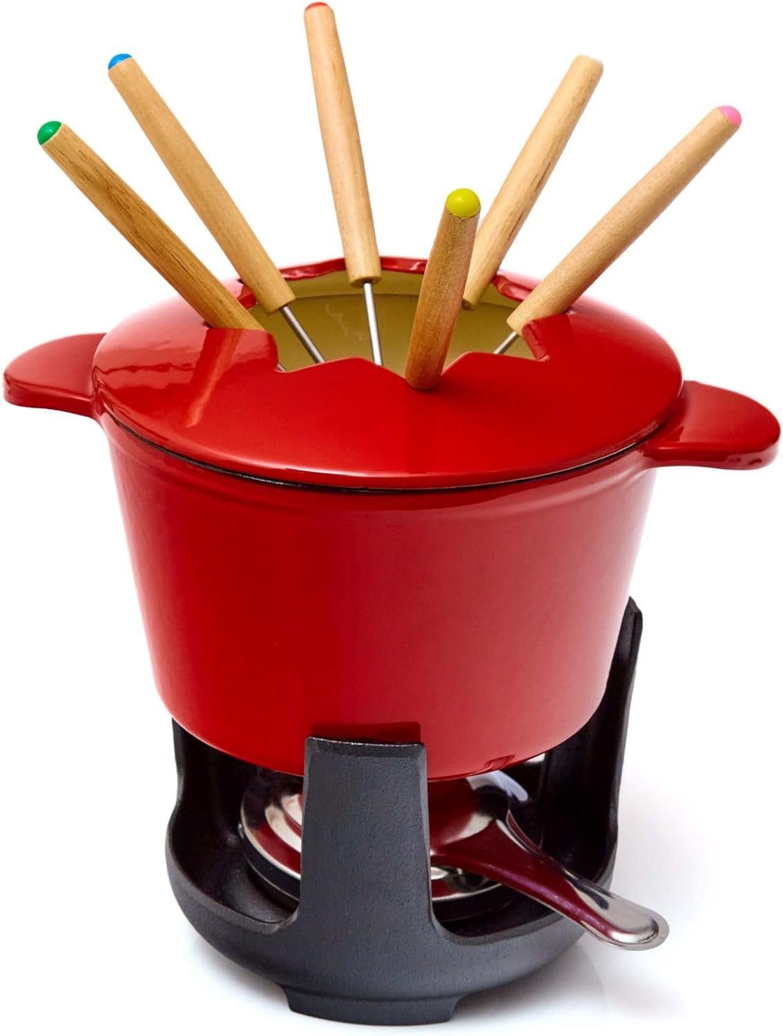Bonvivre Раклетници und Fondue-Set für 6 Personen, 2 Liter, 13-teilig mit Brenner und 6 Gabeln, mit Emaille-Beschichtung - für Käsefondue Schokofondue Fleischfondue