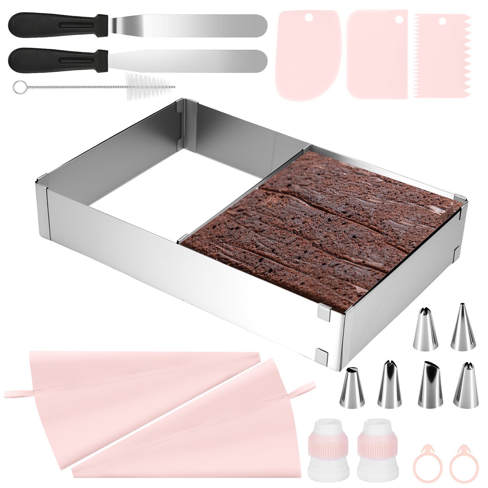 BlingBin Backrahmen Rechteckig Verstellbar, Tortenring Eckig mit Teiler, Spatel & Tüllen, Edelstahl, (19er Set, 1 tlg., 19 Stück), 5cm Hohe Backform, 28-53cm x 18-34cm Kuchenform für Backen