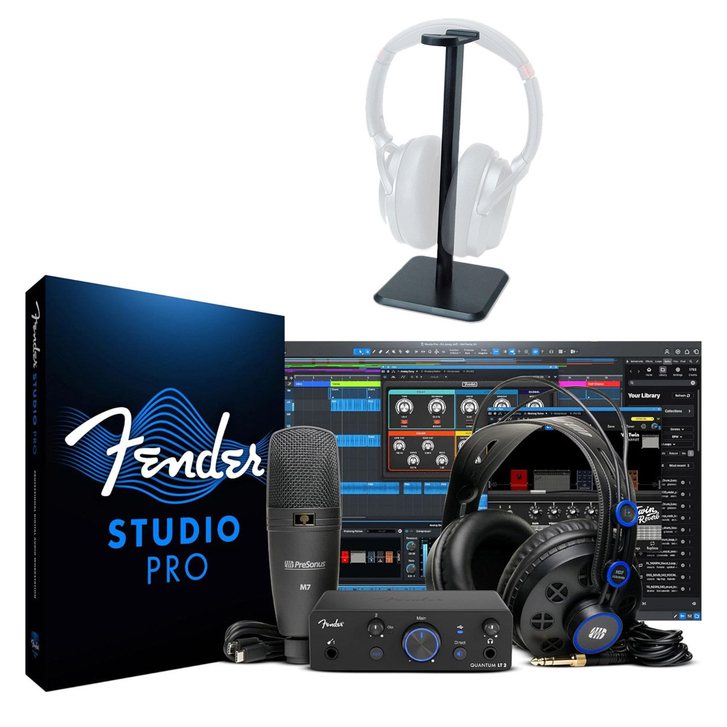 Fender Fender Recording-Set Quantum Creator Bundle mit Kopfhörer-Stativ Digitales Aufnahmegerät (Vorteils-Set mit Kopfhörer-Stativ)