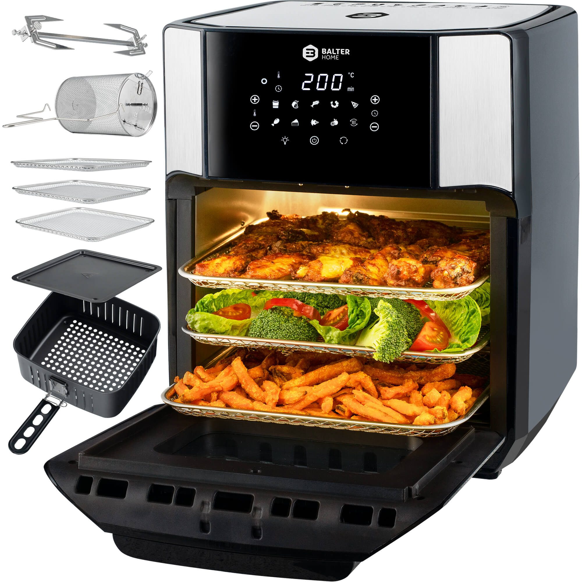 Balter Heißluftfritteuse, 12 Liter, Mini Backofen, Dörrautomat, 10 Programme, Rezeptheft