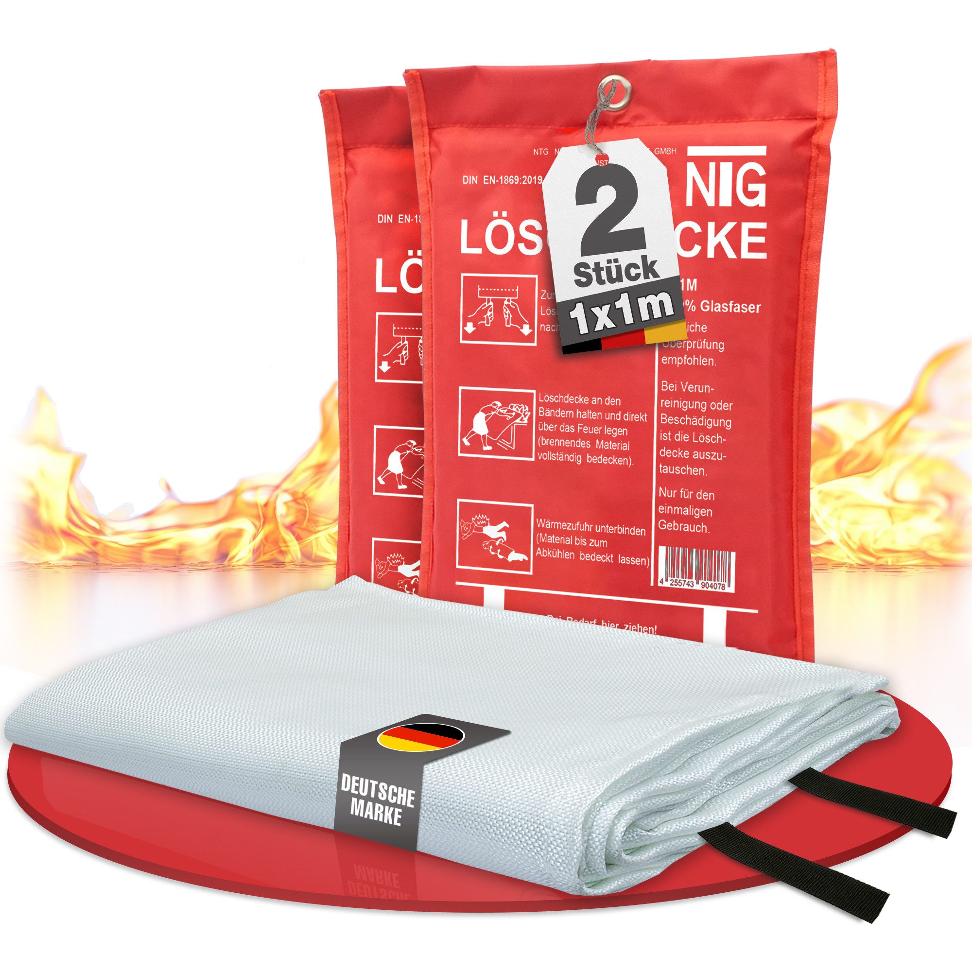 NTG Nutzfahrzeug Technik GmbH Löschdecke 1m² NTG Feuerlöschdecke Fiberglas Brandschutzdecke DIN EN1869, 100x100 cm, (2-St), Brandschutzdecke 1x1m