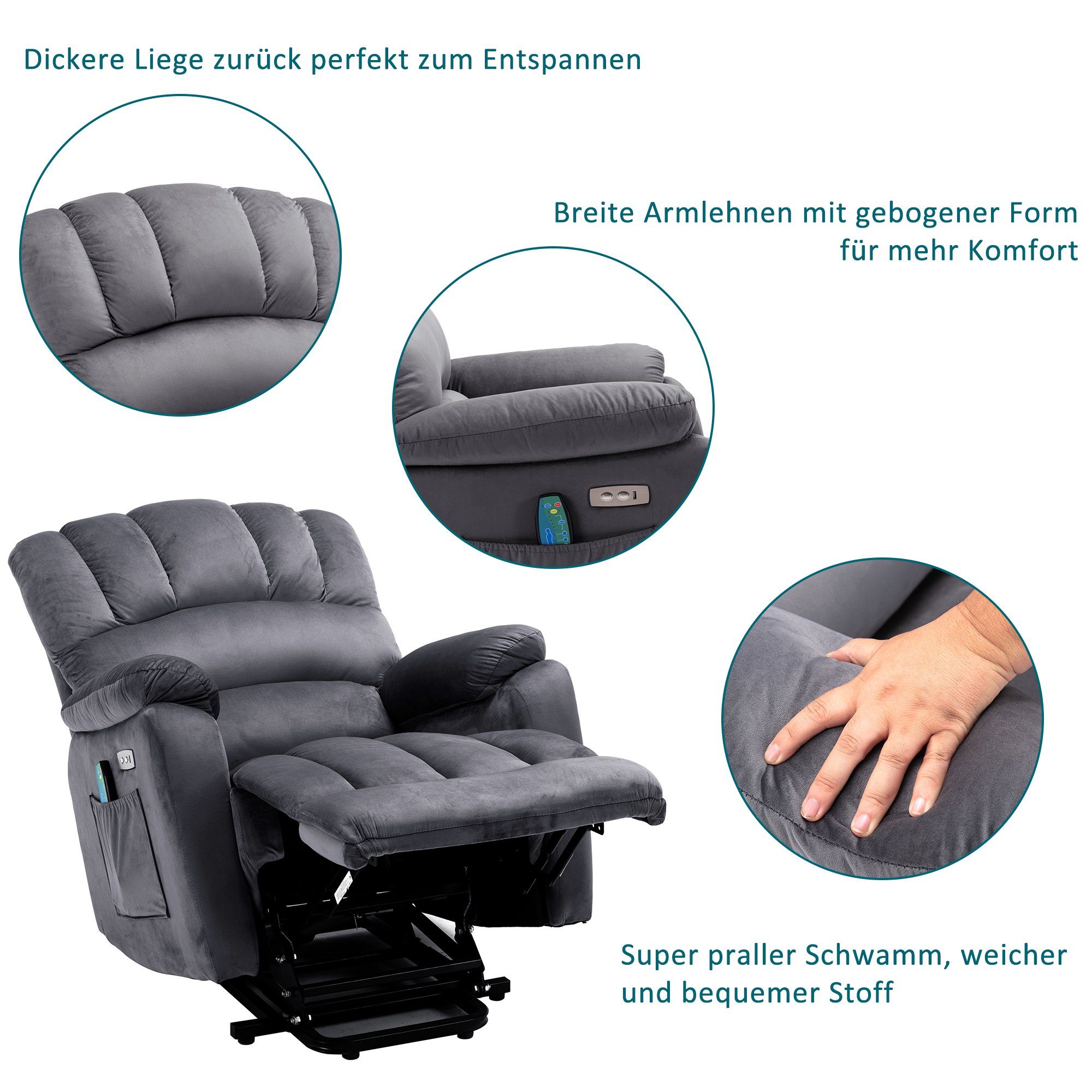 TV-Sessel (Fernsehsessel mit Aufstehhilfe, elektrisch Massagesessel mit Fernbedienung, bis 135 kg belastbar), Relaxsessel mit Liegefunktion, Wärmefunktion und Massagefunktion