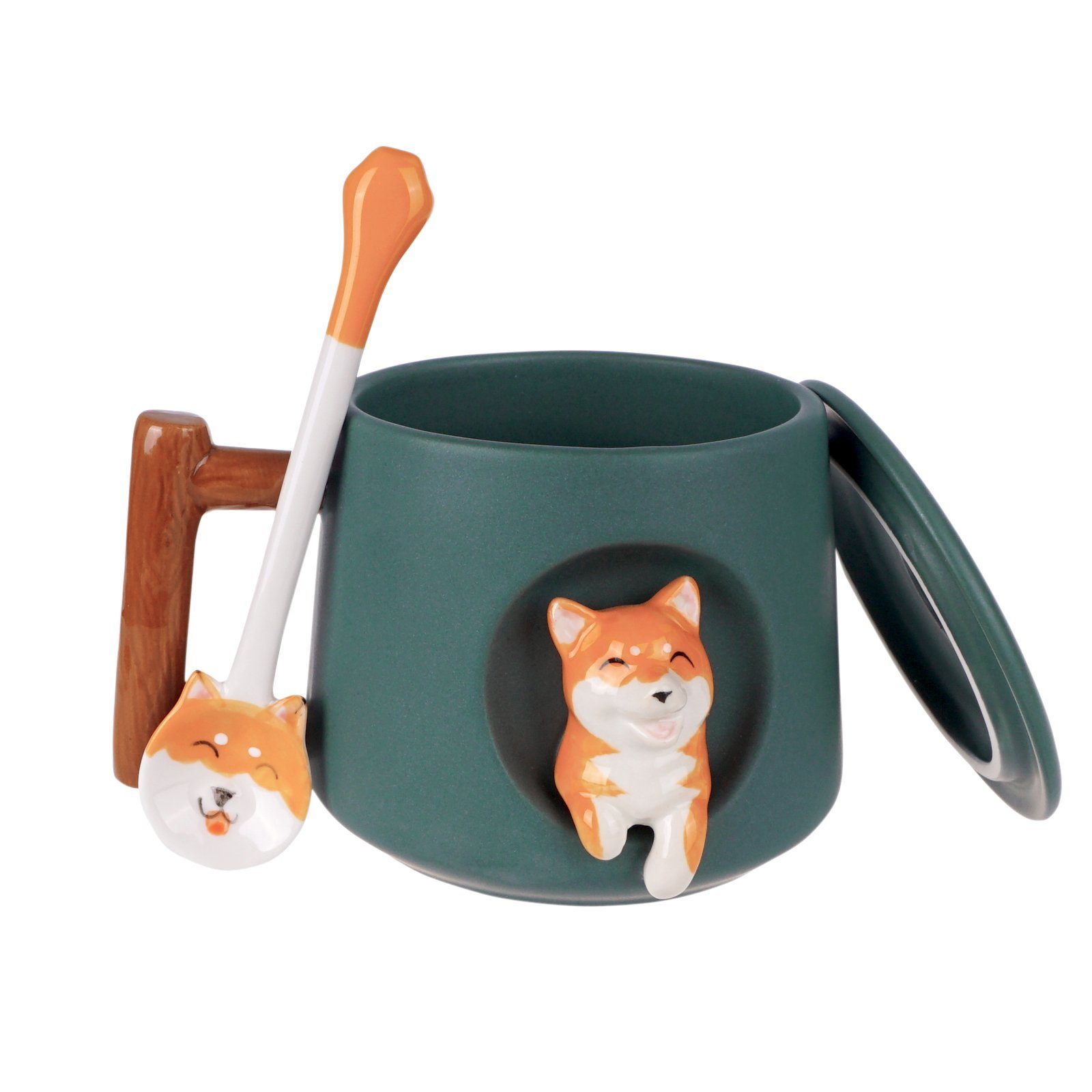 GalaxyCat Tasse Süße Teal Keramik, Deckel Tasse Steinze, Shiba Löffel, Shiba Green & Hunde Tasse Deckel & Kaffeetasse, grün Inu Löffel, mit mit Inu