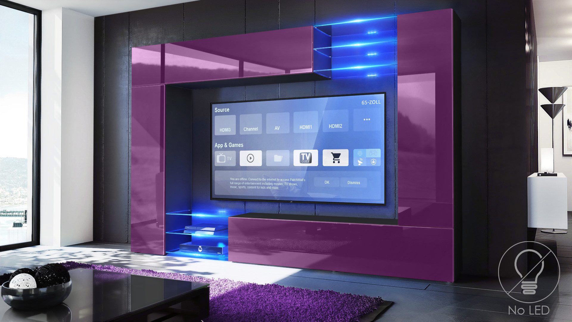 Vladon Wohnwand Mirage, (Anbauwand mit Rückwand mit 2 Türen, 2 Klappen und 6 offenen Glasablagen), Schwarz matt/Brombeer Hochglanz (262 x 183 x 39 cm)