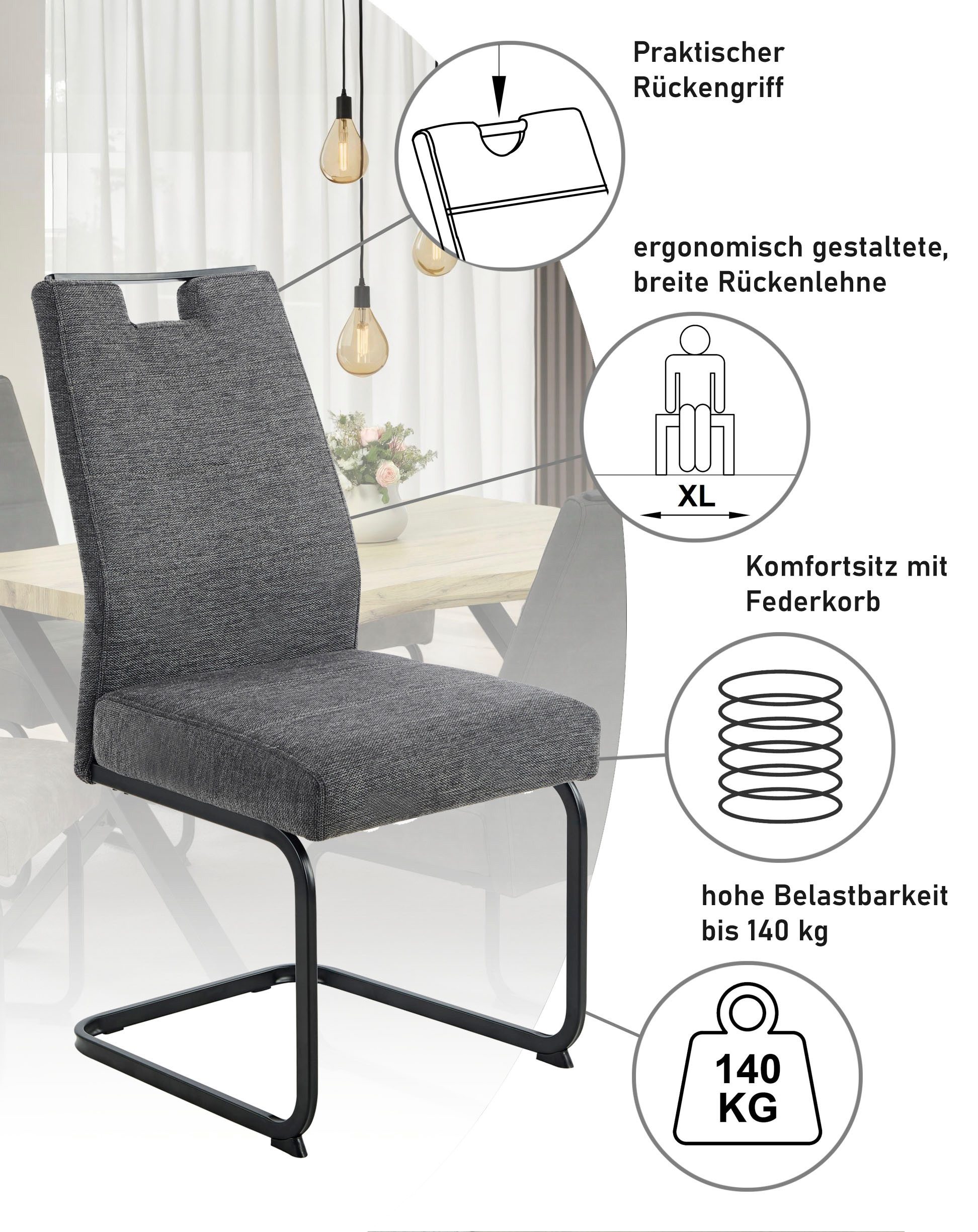 HELA Freischwinger KERTIN (Set, 1 St), XL Sitzbreite, Griff, Federkorb, 140kg belastbar