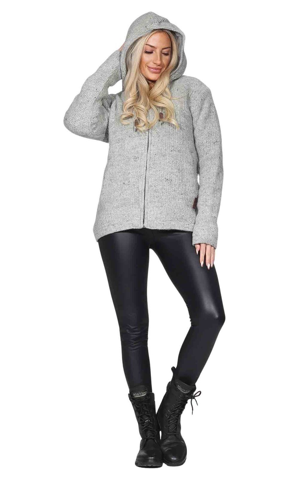 KUNST UND MAGIE Kapuzenstrickjacke Klassische Damen Strickjacke Wolle Jacke+Fleecefutter und Kapuze – Bild 3 von 5