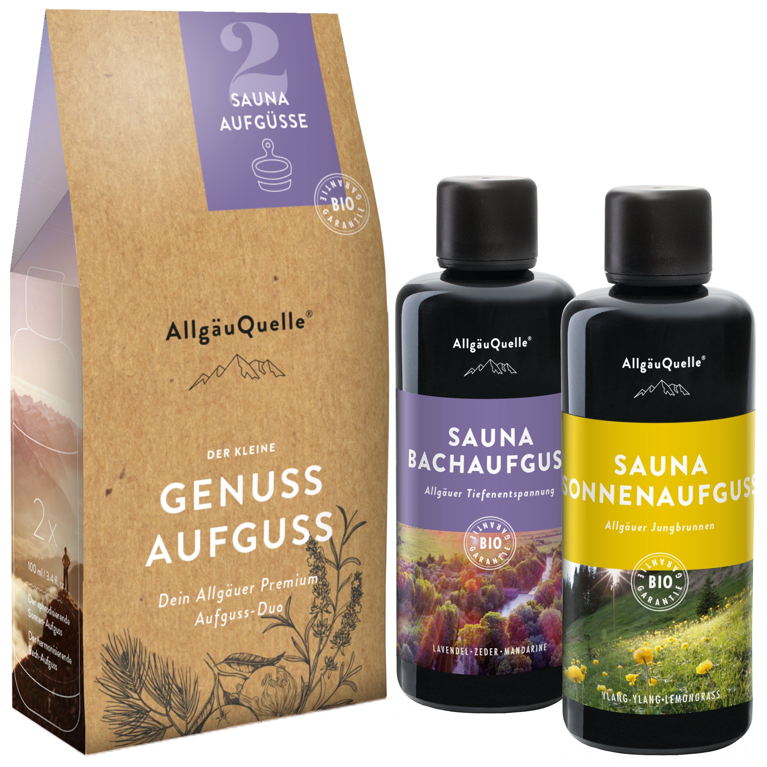 Allgäuquelle Sauna-Aufgussset Bio Saunaaufguss Kleiner Genuss Saunaduft (2  x 100ml) 2x100ml: Lavendel, Himalaya Zeder & Mandarine, Lemongrass,  Ylang-Ylang