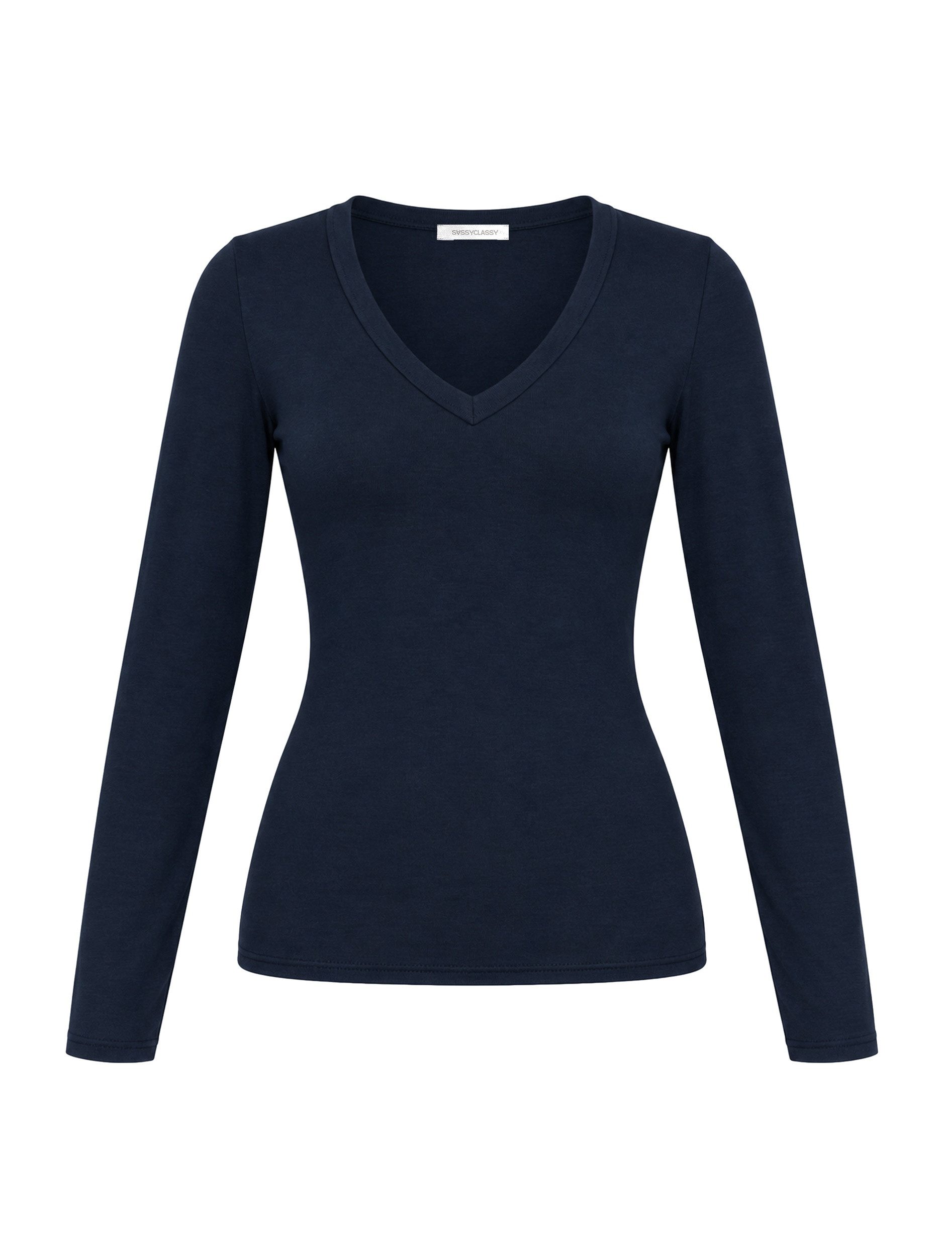 SASSYCLASSY Langarmshirt Langarmshirt mit V-Ausschnitt für Damen Anliegendes Shirt mit extra langen Ärmeln aus Viskose Burgundy – Bild 2 von 5