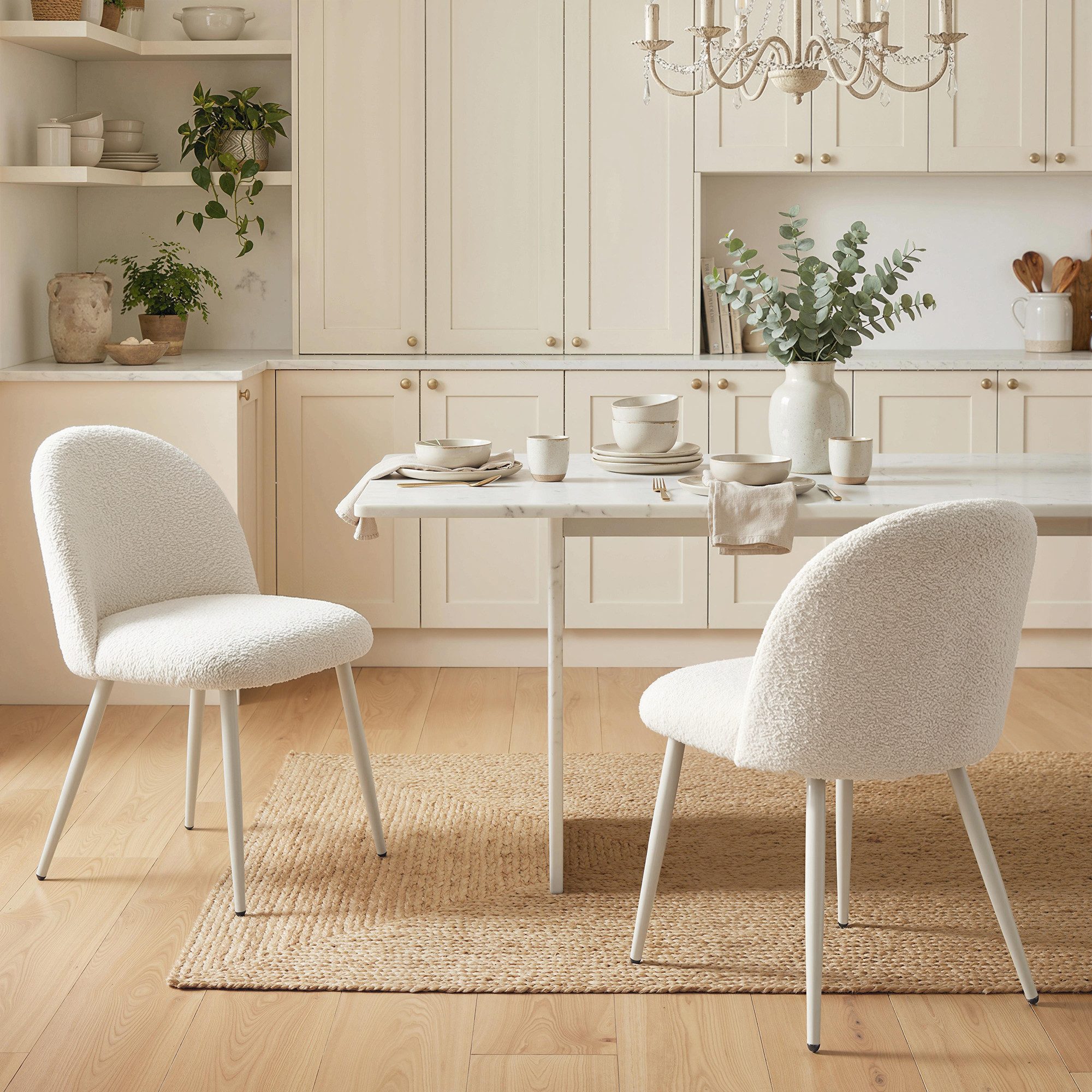 HOMCOM Esszimmerstuhl Küchenstuhl mit Chenille-Optik, Skandi, Metallbeinen (Essstuhl, 2 St), für Wohnzimmer, Esszimmer, Cremeweiß
