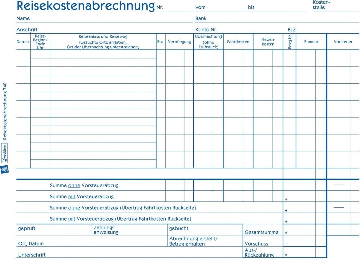 Formularblock Formularbuch Reisekostenabrechnung wöchentlich A5 quer 50 Blatt