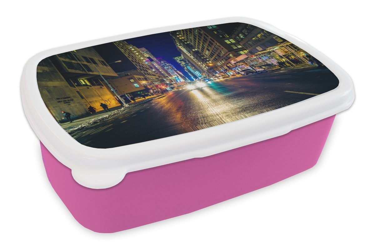 MuchoWow Lunchbox New York - Taxi - Nacht, Kunststoff, (2-tlg), Brotbox für Erwachsene, Brotdose Kinder, Snackbox, Mädchen, Kunststoff rosa