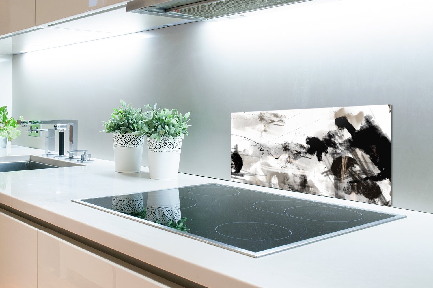 und Schwarz MuchoWow Küchenrückwand gegen - Küchen Malerei Weiß Schmutzflecken und Fett 60x30 - - Kunst, cm, für Farbe Wandschutz, (1-tlg),