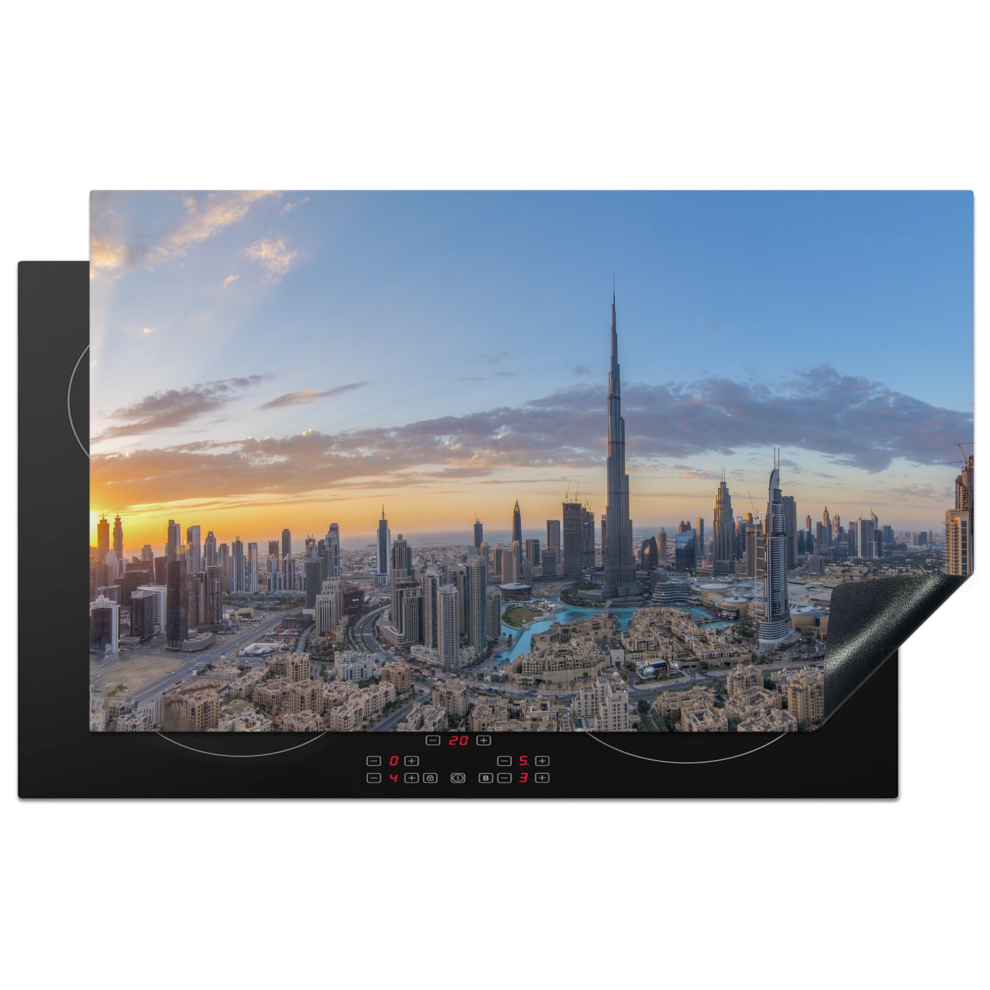 MuchoWow Herdblende-/Abdeckplatte Bunter Himmel über Dubai und der Burj Khalifa, Vinyl, (1 tlg), 83x51 cm, Ceranfeldabdeckung, Arbeitsplatte für küche