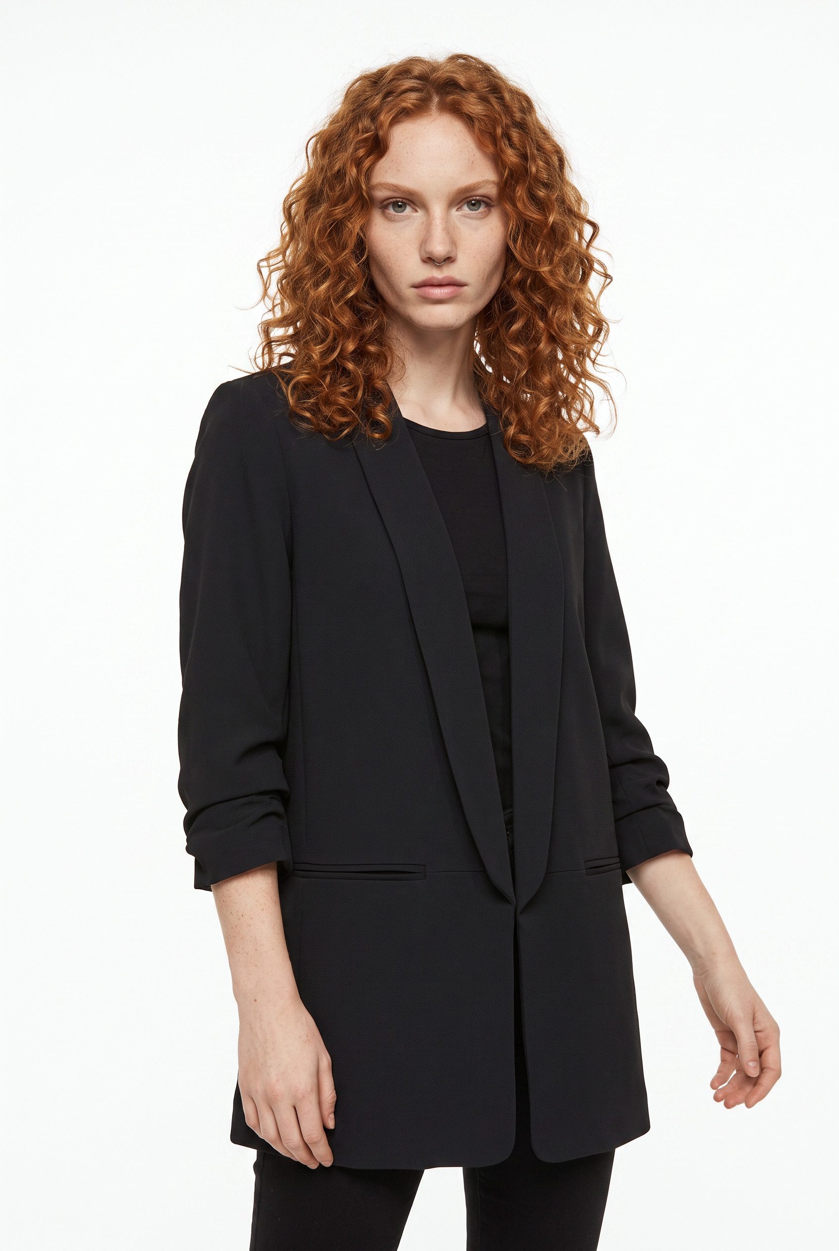 ONLY Kurzblazer ONLELLA – Femininer Blazer mit 3/4-Ärmeln und Raffung regular fit, casual, Web, Kunstfaser, V-Ausschnitt