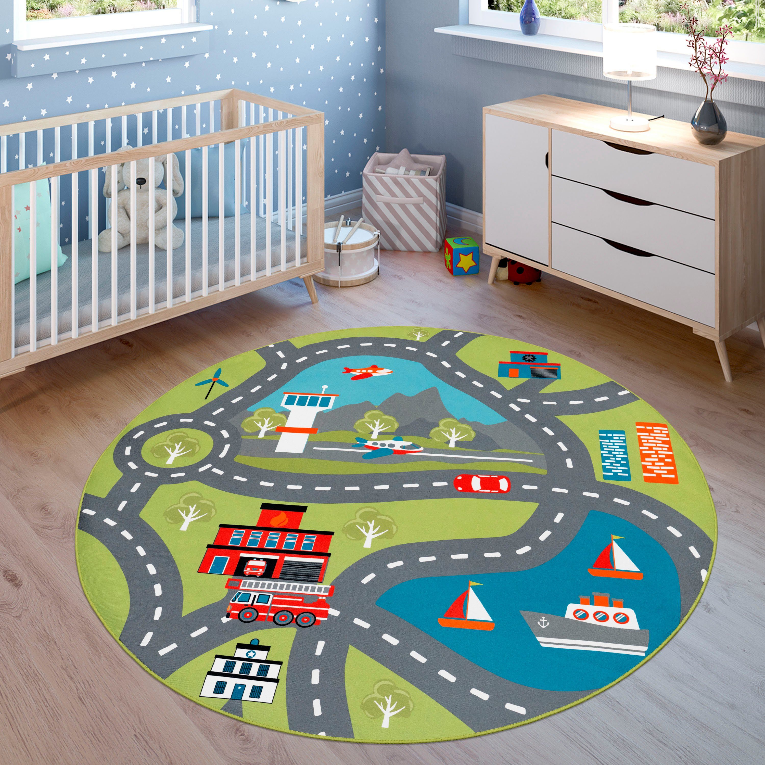 Paco Home Kinderteppich Bino 562, rund, Höhe: 4 mm, Kurzflor, Straßen-Spiel-Teppich, Motiv Flughafen, Kinderzimmer