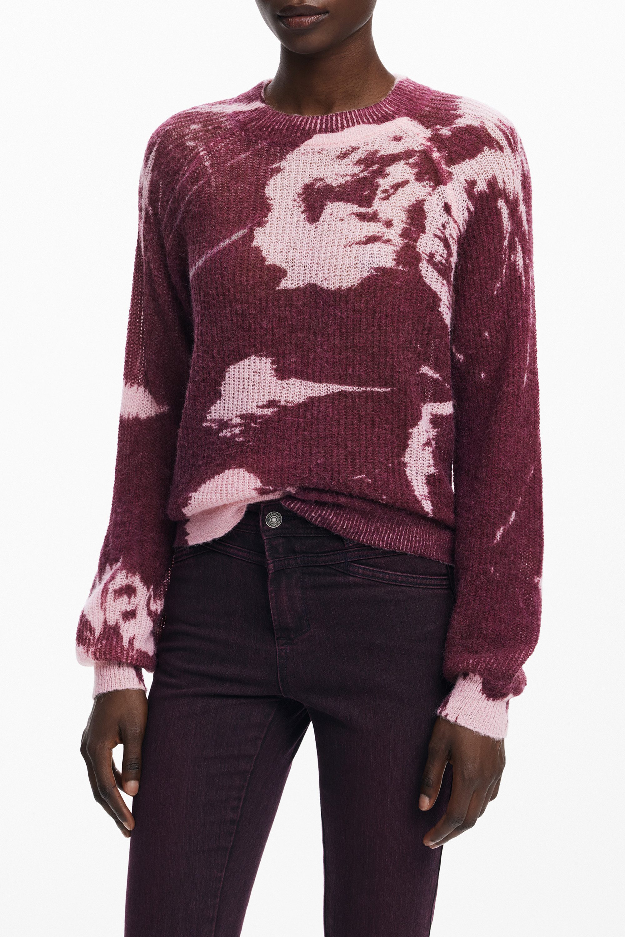 Desigual Strickpullover Rosa Damenpullover mit Rundhalsausschnitt und Kontr günstig online kaufen