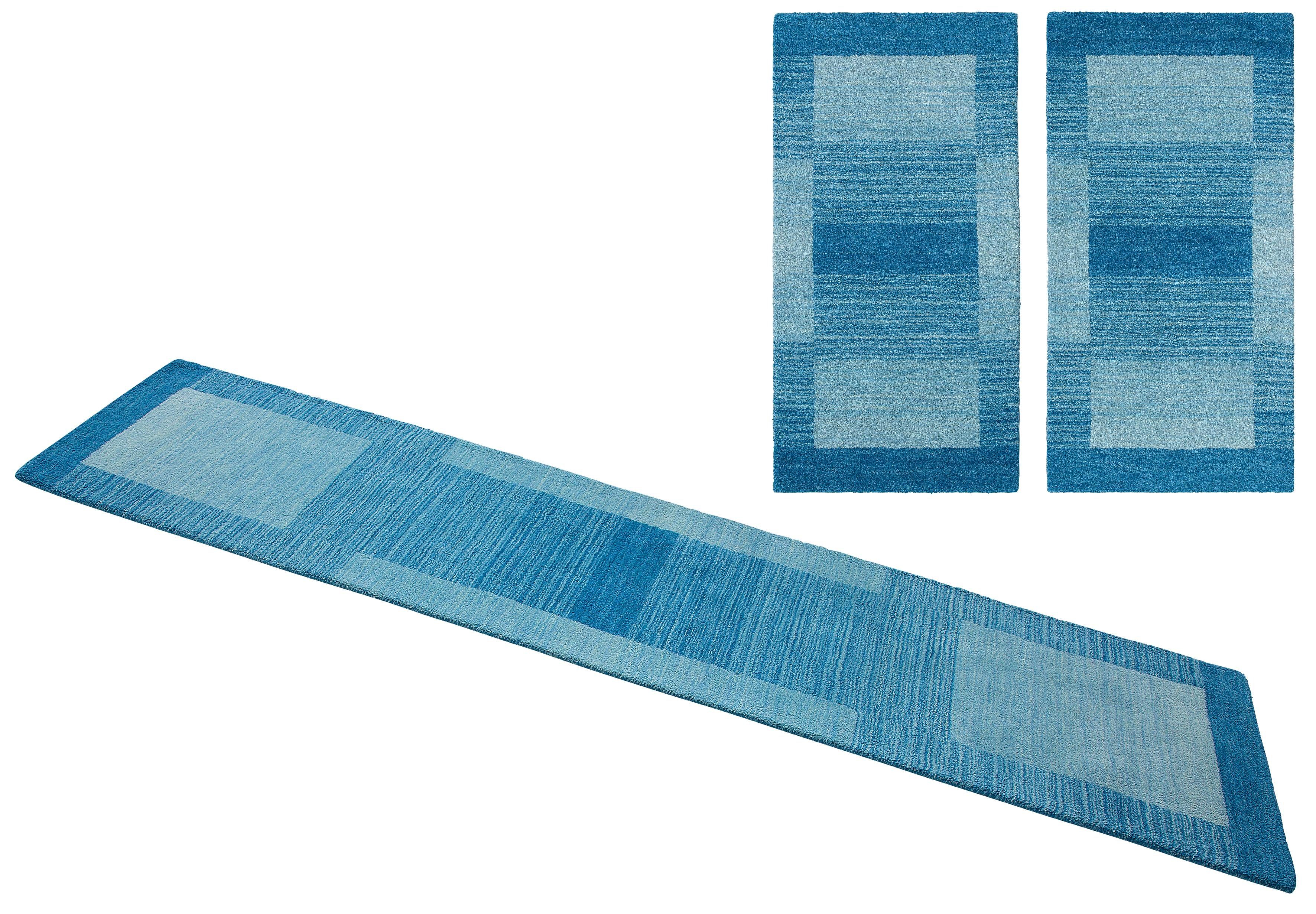 Bettumrandung Gabbeh Super THEKO, Höhe 9 mm, (3-tlg), Bettvorleger, reine Schurwolle, handgewebt, mit Bordüre, Läufer-Set blau