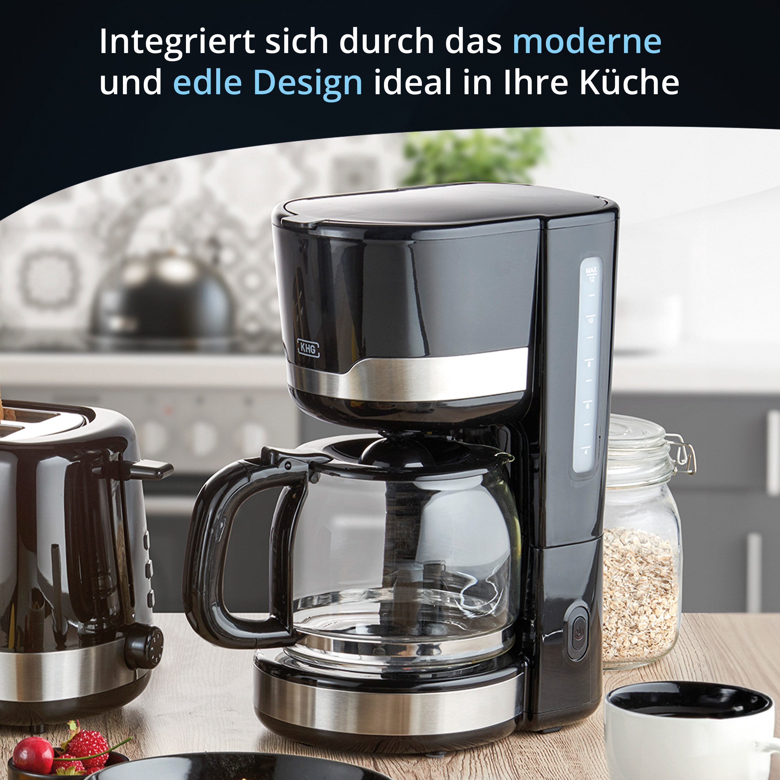 KHG Filterkaffeemaschine KA-129 SE2 aus Edelstahl/Kunststoff in schwarz mit Glaskanne 1,5 Liter, Permanentfilter