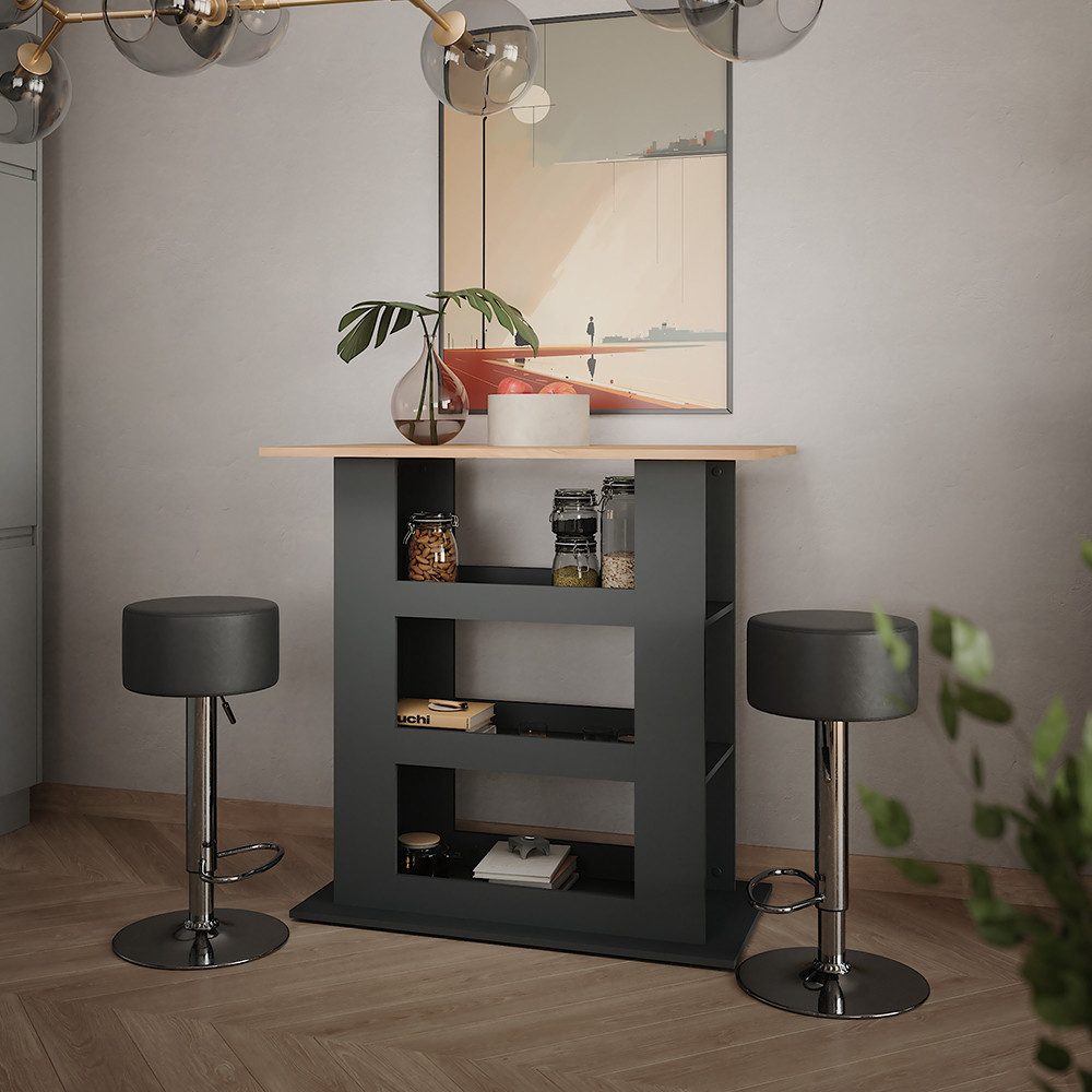 Vicco Bartisch Repose, Goldkraft Eiche/Anthrazit/Schwarz, 110 x 65 cm mit 2 Barhoc... (3-St)