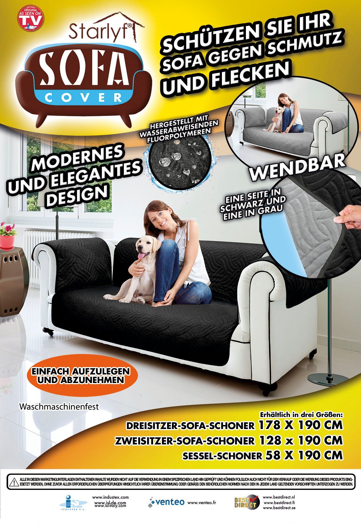 wasserabweisend, Sofaschoner Cover wendbar, Sofabezug Sesselbezug schwarz/grau Starlyf, oder Sofahusse Sofa