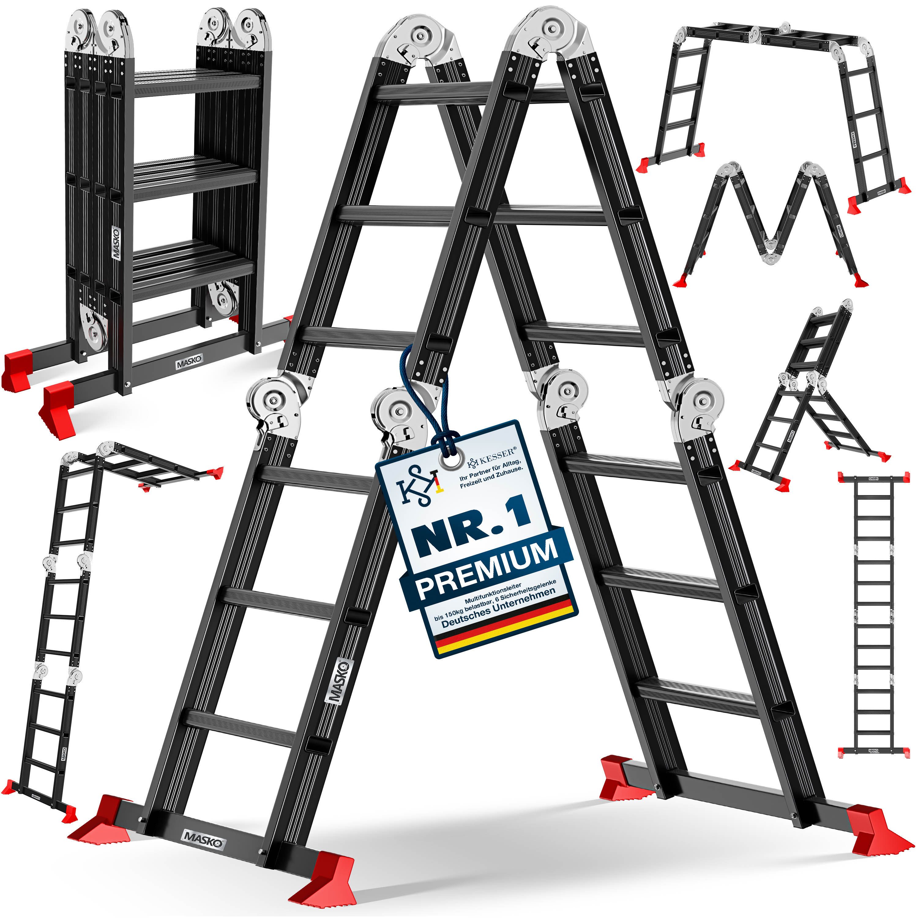 MASKO Vielzweckleiter Aluminium 6in1 Mehrzweckleiter 4x3 Stufen, 360cm, bis 150kg belastbar, multifunktionale Gelenkleiter, Anlegeleiter, Steh- & Treppenleiter