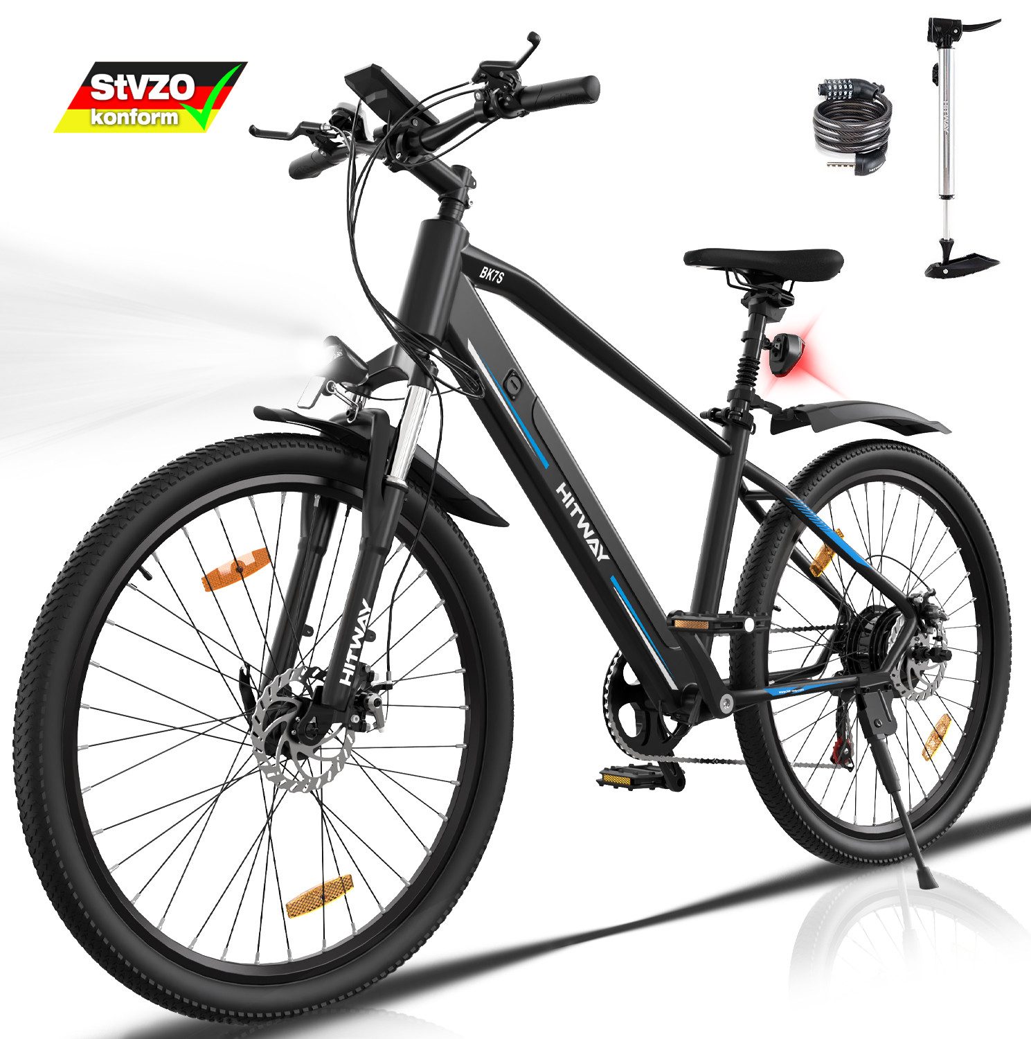 HITWAY E-Bike Elektrofahrrad 26 Zoll Pedelec E-Citybike 36V 12Ah, 7 Gang Shimano Shimano Schaltwerk, Kettenschaltung, Heckmotor, 432 Wh akku, 35-90km Hardtail E-MTB Pedalassistenzmodus Shimano 7 GANG