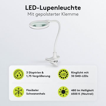 Goobay Lupenlampe 6 W LED-Lupenleuchte mit Klemme, SMD LED, kaltweiß, 6500 K, Lupe mit 3 Dioptrien, 1,75-fache Vergrößerung