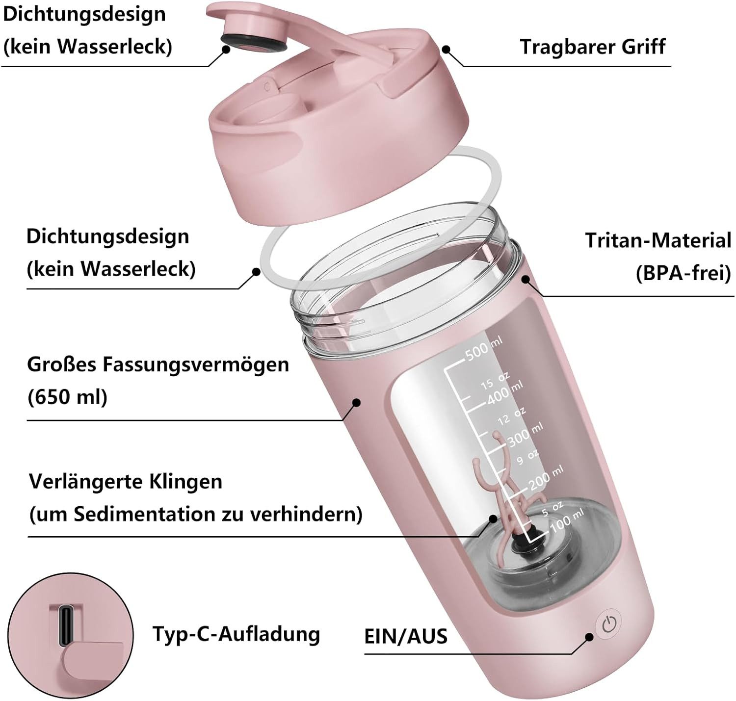 Vashoy Elektrischer Shaker 650 ML Elektrischer Shaker mit Pulverfach, BPA-freier, USB-C aufladbar, 7,4 W, Eiweiß Shaker Elektrisch für Potein Pulver und Milchshake