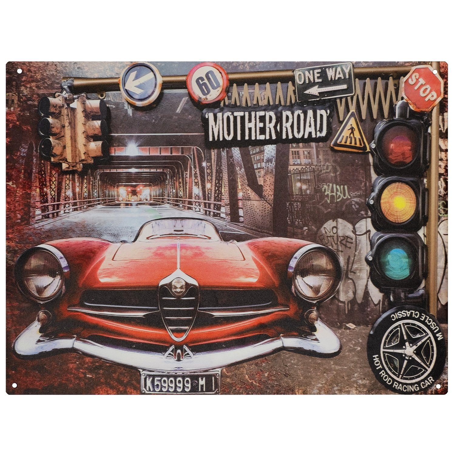 Moritz Metallschild Blechschild Mother Road Red Car, (Einzeln), 25 x 33 cm Vintage Retro Deko Schild Metallschild Wandbild Schild