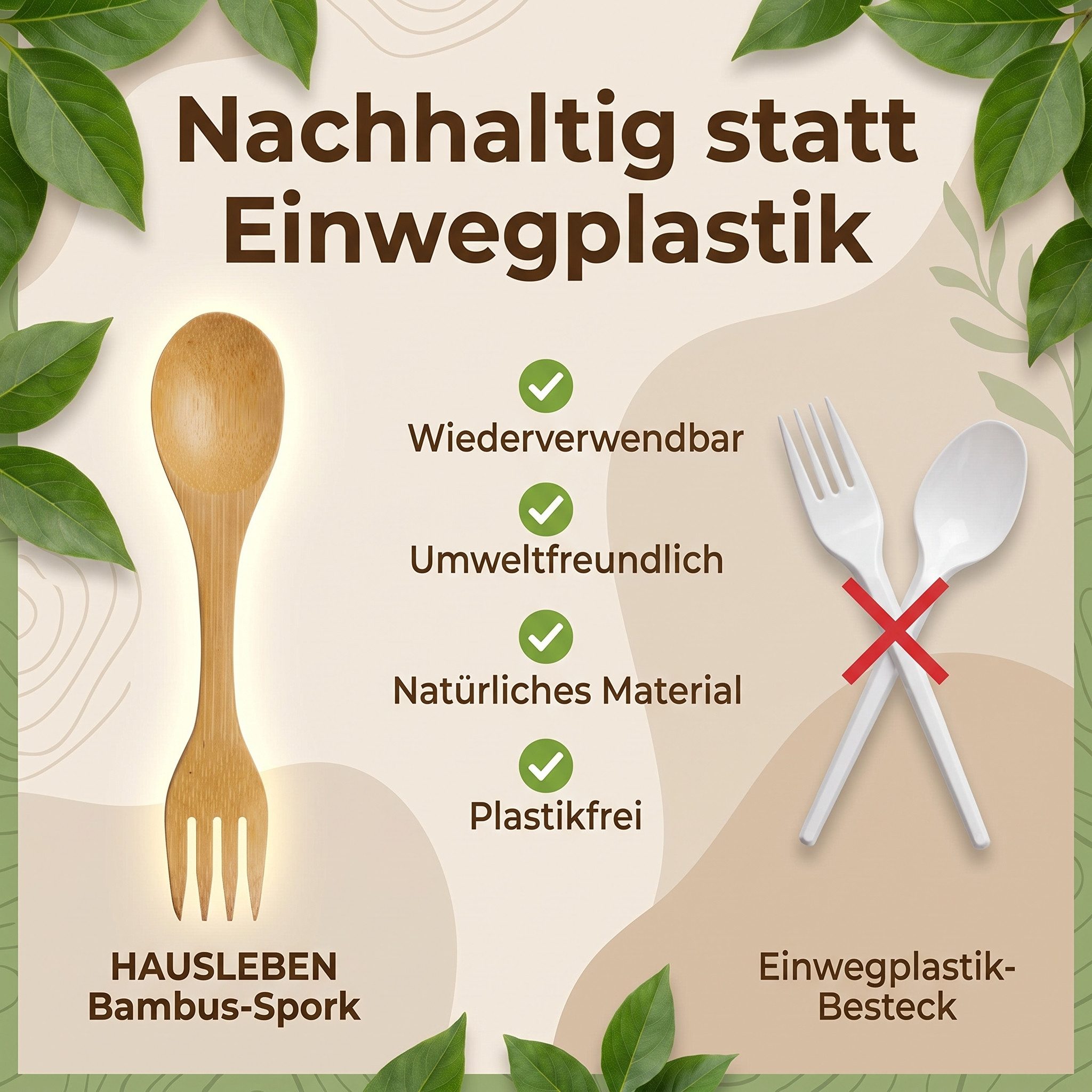 hausleben Campinglöffel - Gabel Multibesteck (4 Stück), Bambusbesteck, Wiederverwendbar & Leicht, 17 x 3,5 cm