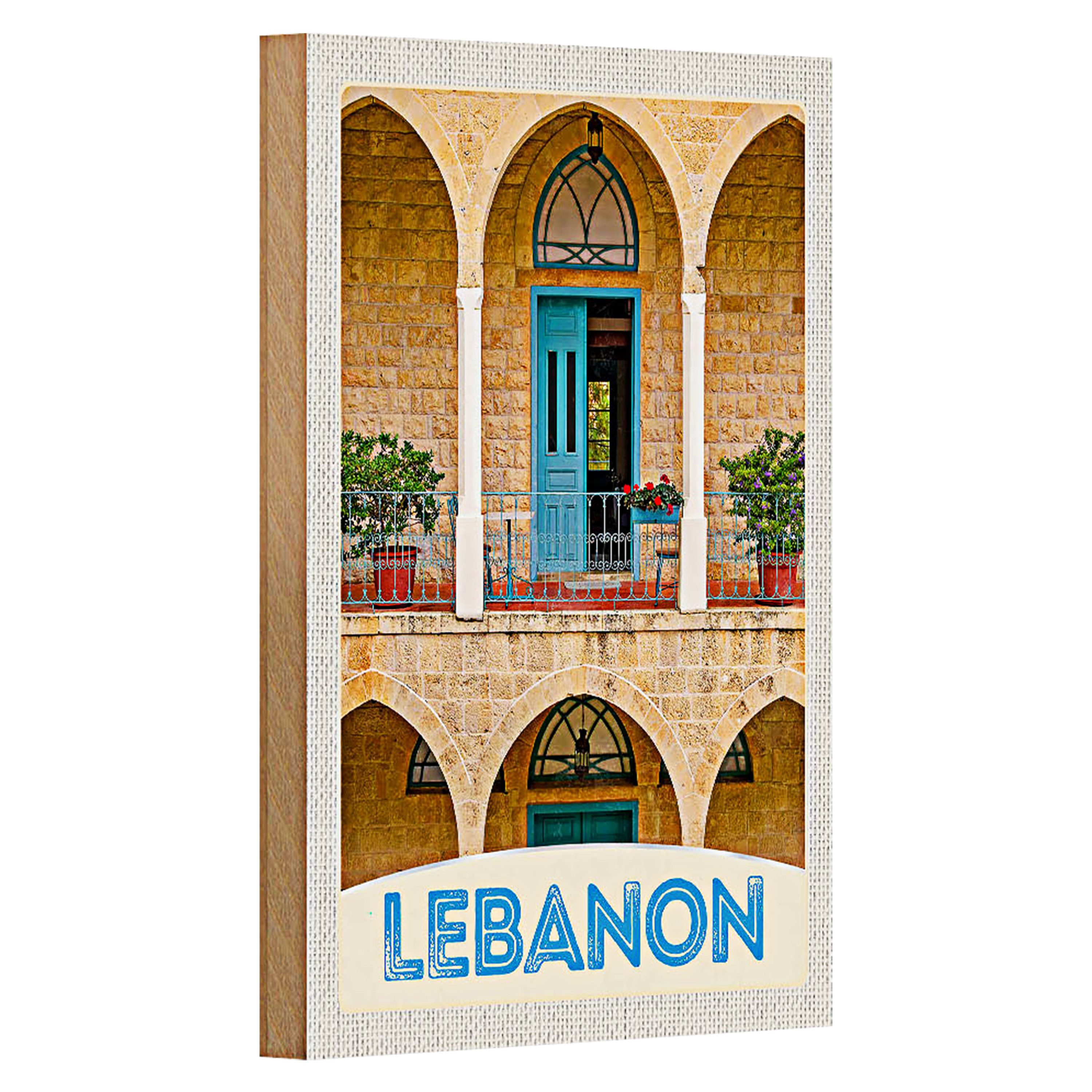 Roomando Holzbild Reise 12x18cm Libanon Gebäude blaue Tür Urlaub