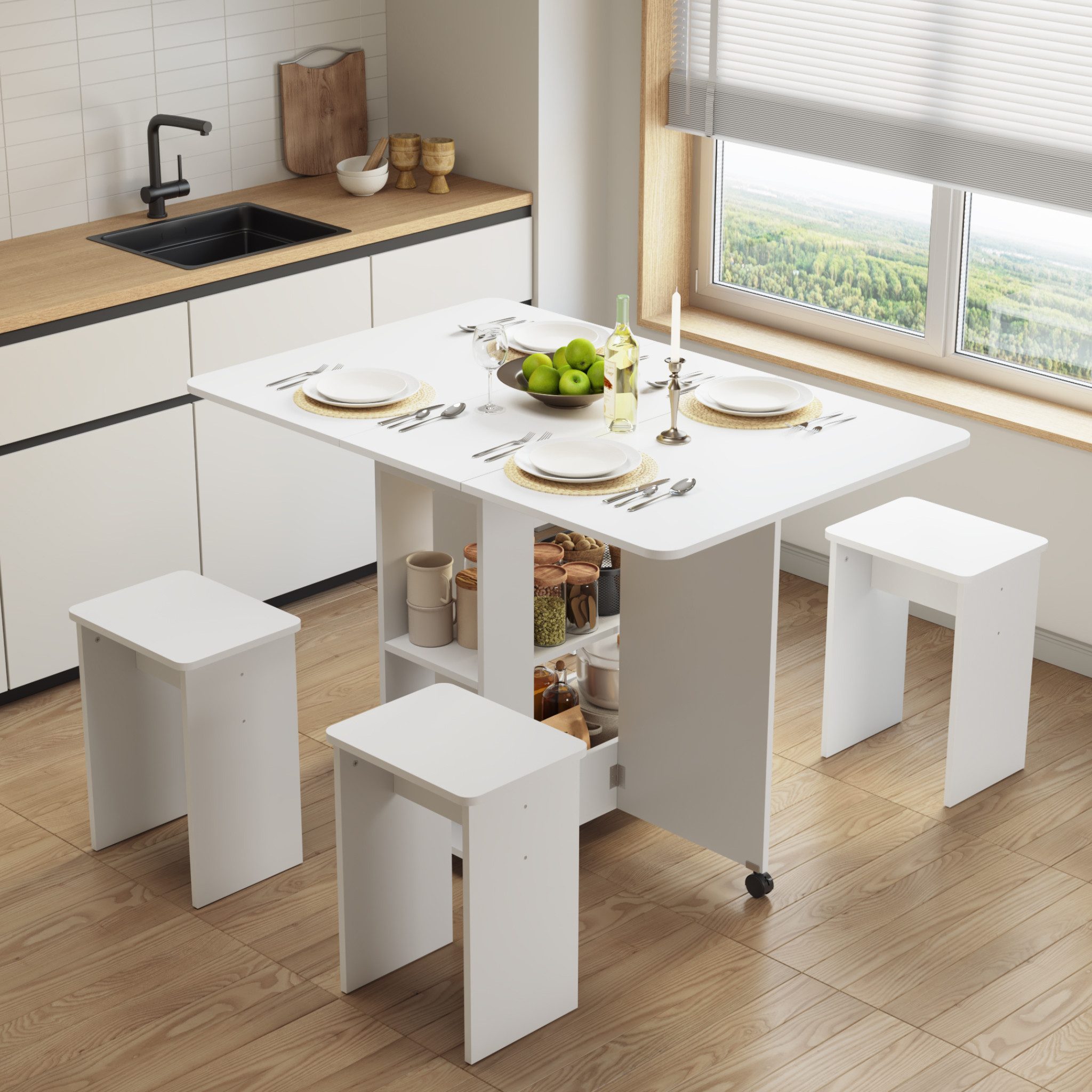 Mondeer Essgruppe Esstisch mit 4 Hockern, Platzsparend, 3-in-1-Funktion, Ro günstig online kaufen