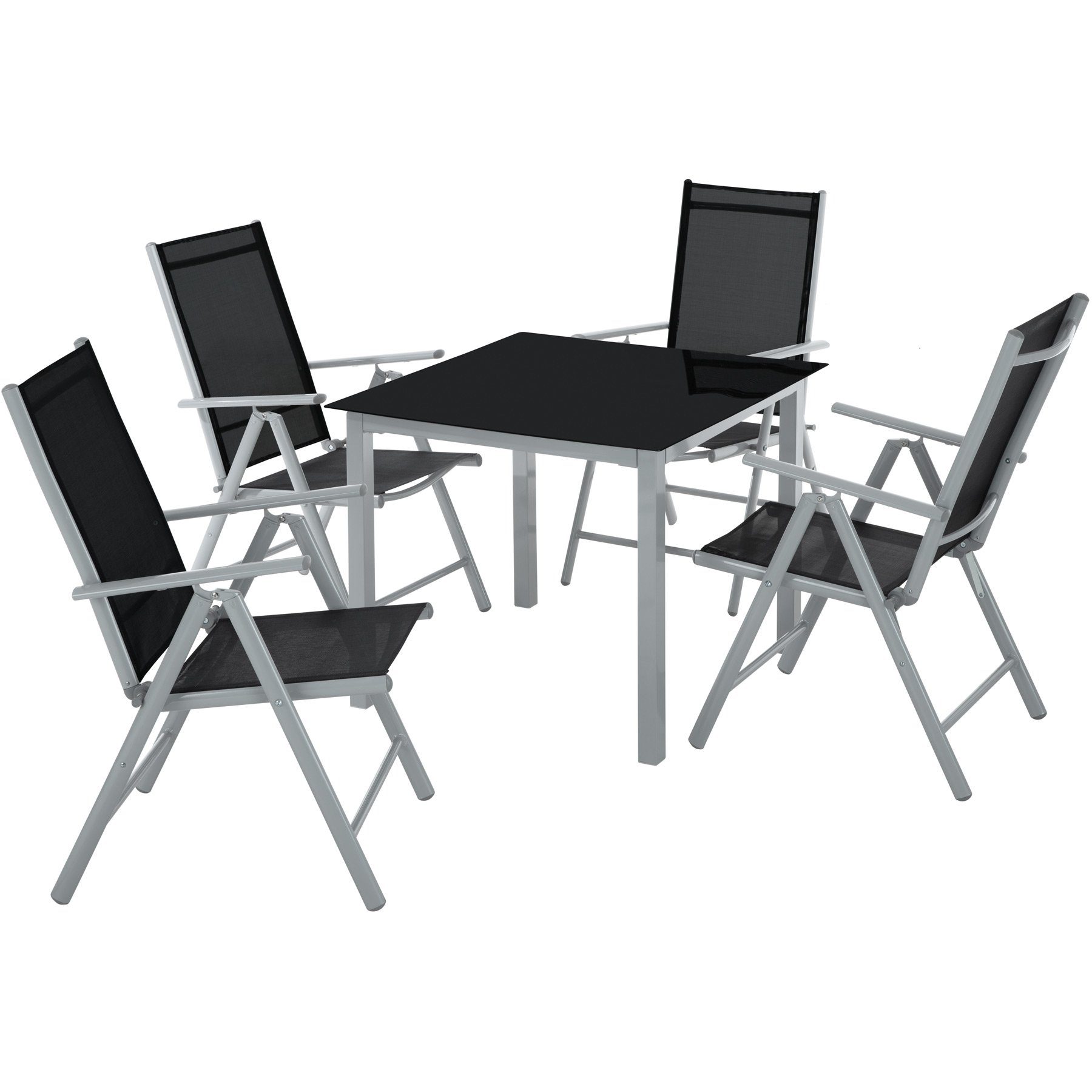 tectake Essgruppe Aluminium Sitzgruppe 4+1, (Komplettset, 5-tlg., Set aus  Stühlen und Esstisch), pflegeleicht, klappbar, klappbare Stühle,  Sicherheitsglas, platzsparend, wasserfest, wetterfest, mit Rückenlehne