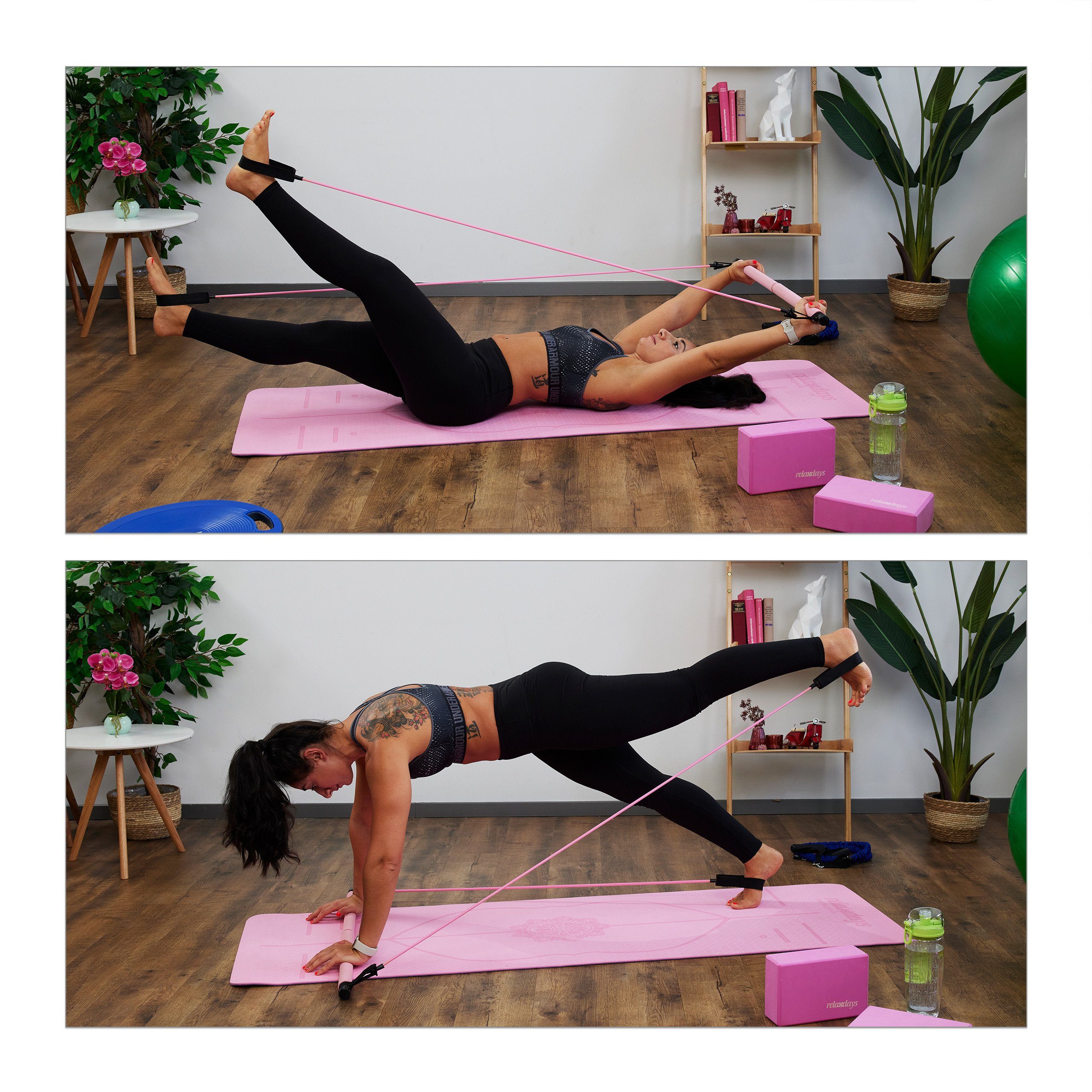 relaxdays Gymnastikstäbe Pilatesstab mit Widerstandsbändern