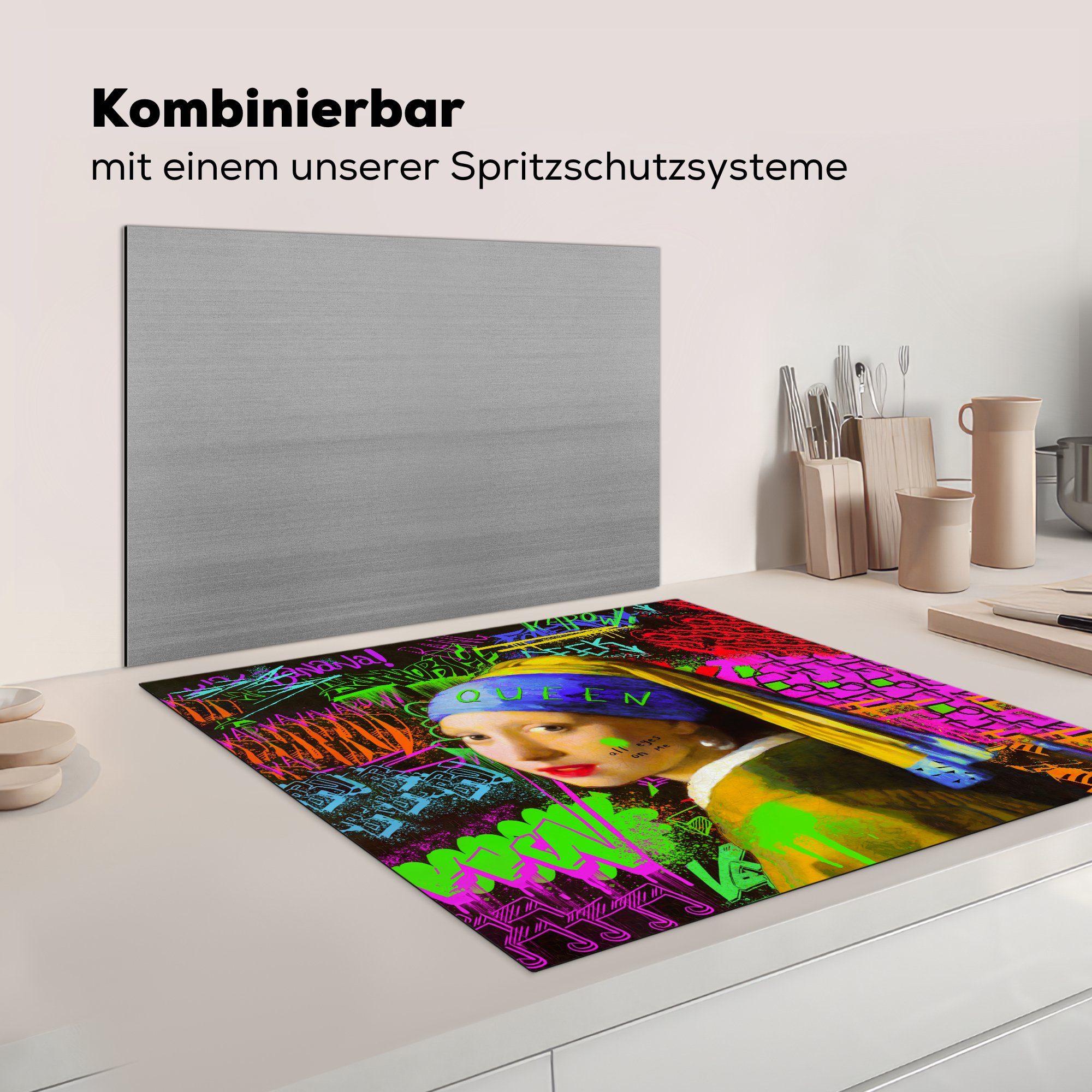 Arbeitsplatte Girl 78x78 Ceranfeldabdeckung, - MuchoWow Pearl cm, (1 Graffiti, with a tlg), Neon küche - Earring Vinyl, für Herdblende-/Abdeckplatte