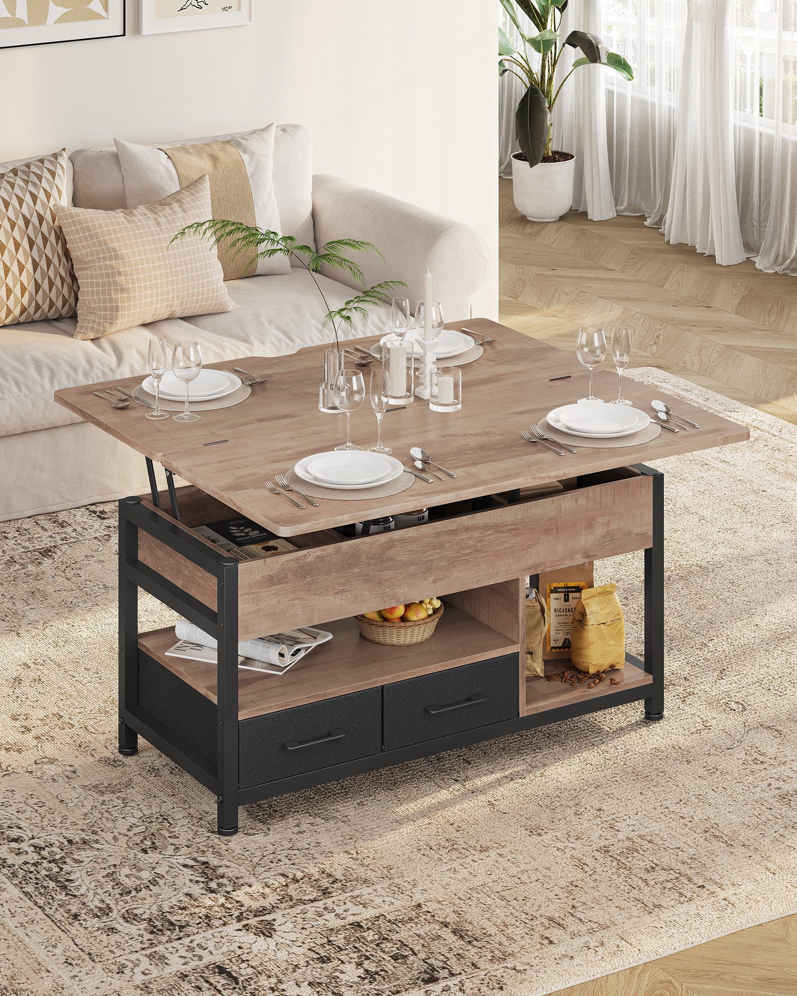MSMASK Couchtisch 3-in-1-Multifunktions-Wohnzimmertisch mit 2 Schubladen, Kaffeetisch, Versteckte Aufbewahrung, 50T x 100B x 50H cm